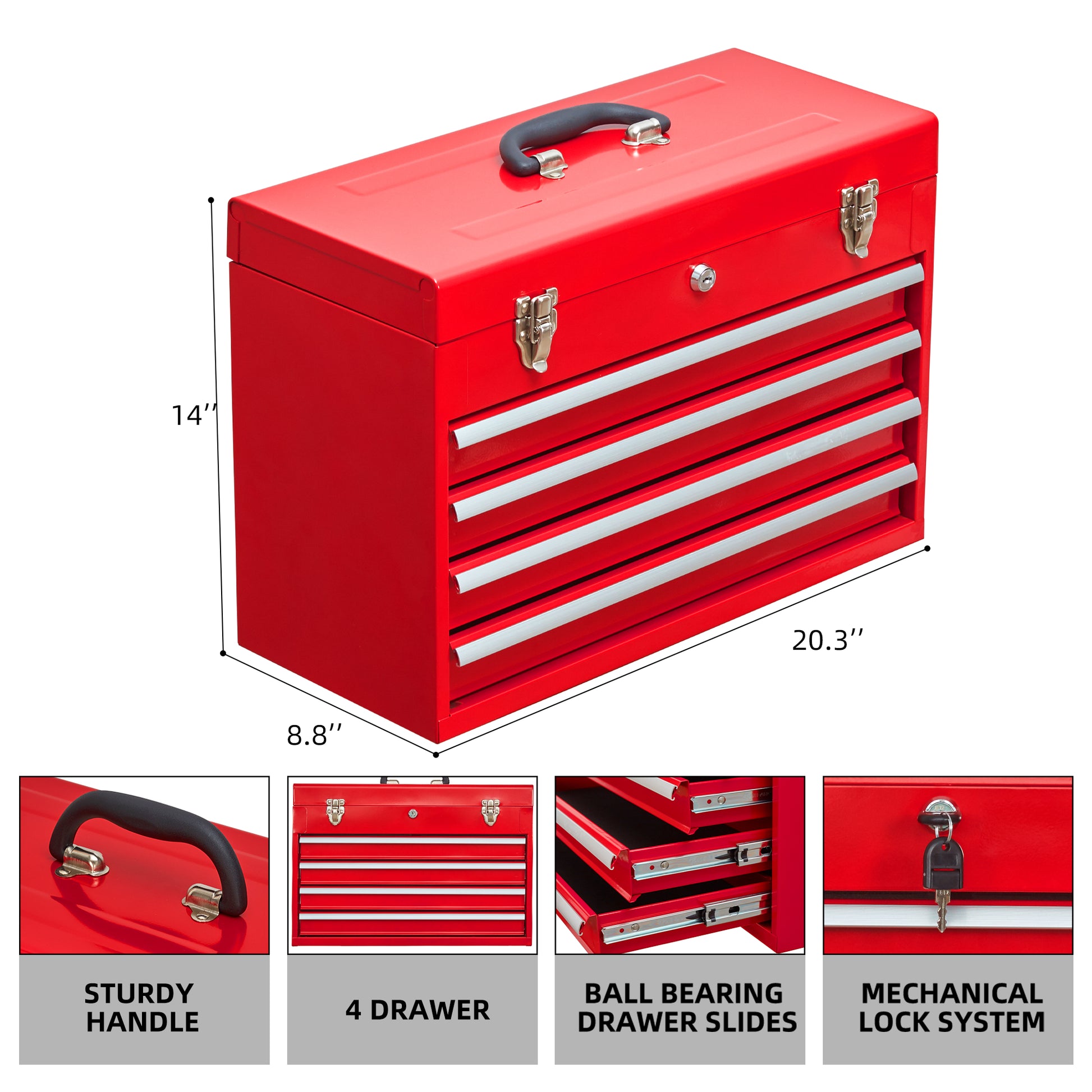 Red metal toolbox with four drawers sturdy handle and lock