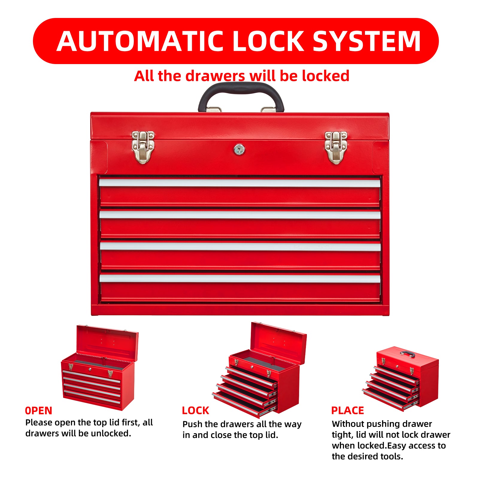 Red metal tool chest with five drawers and silver latches