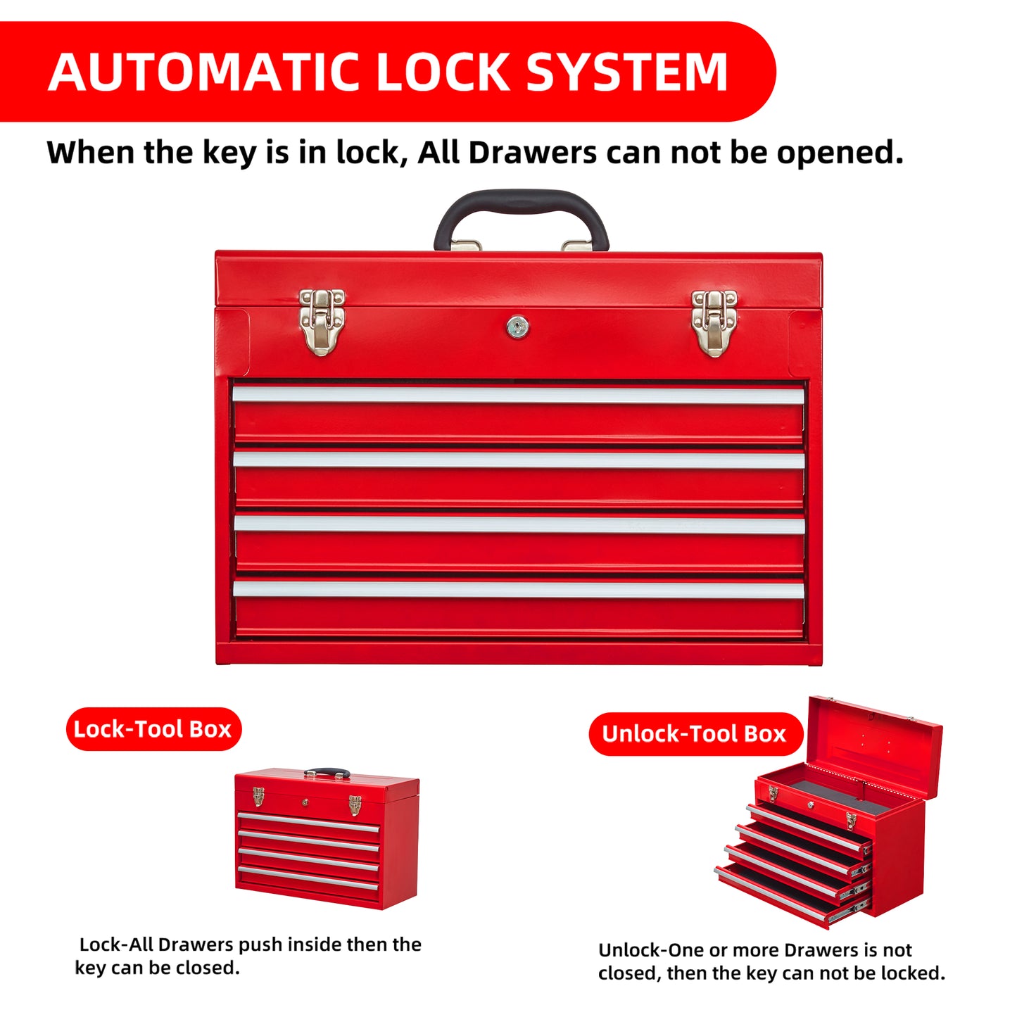 Red metal tool chest with five drawers and chrome latches