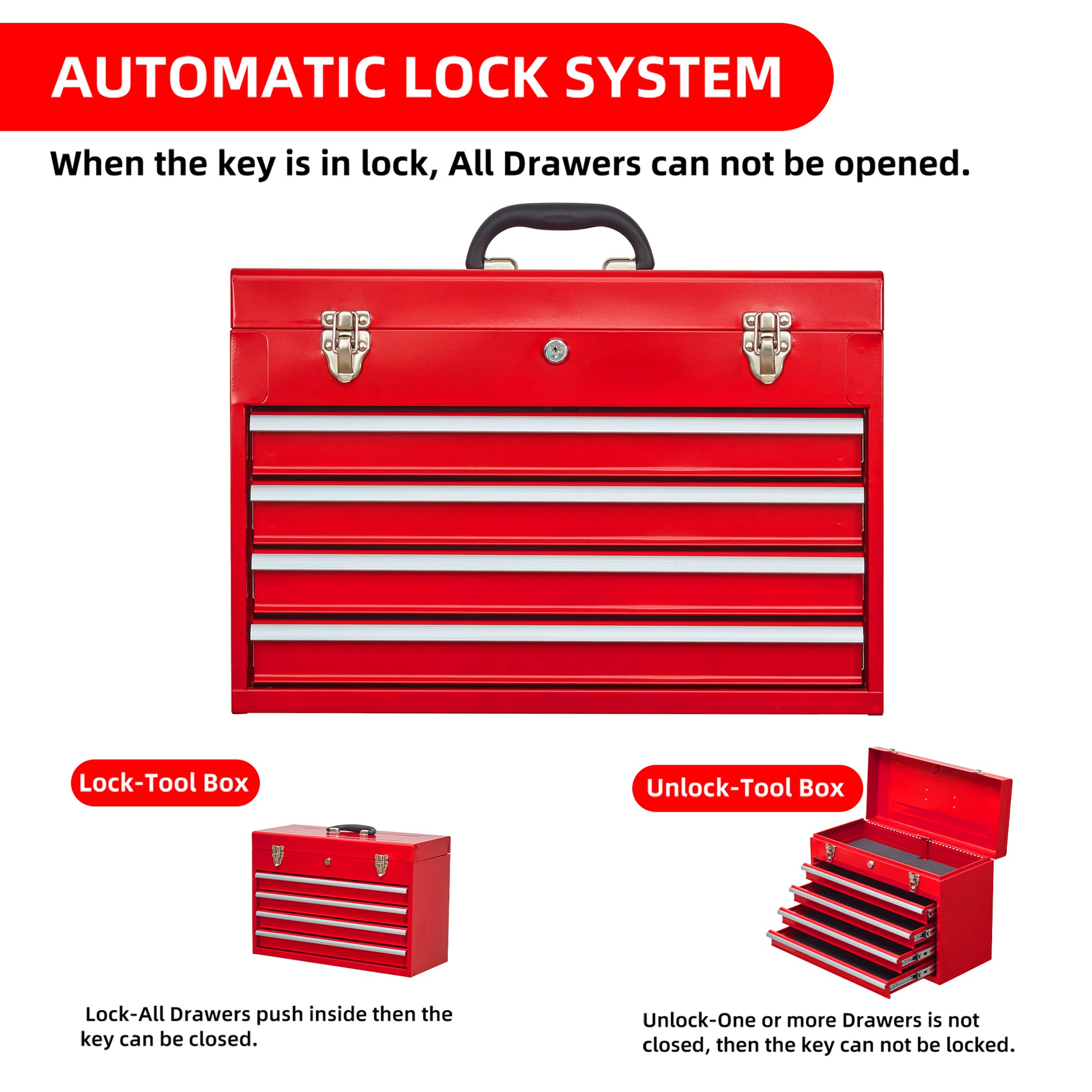 Red metal tool chest with five drawers and chrome latches