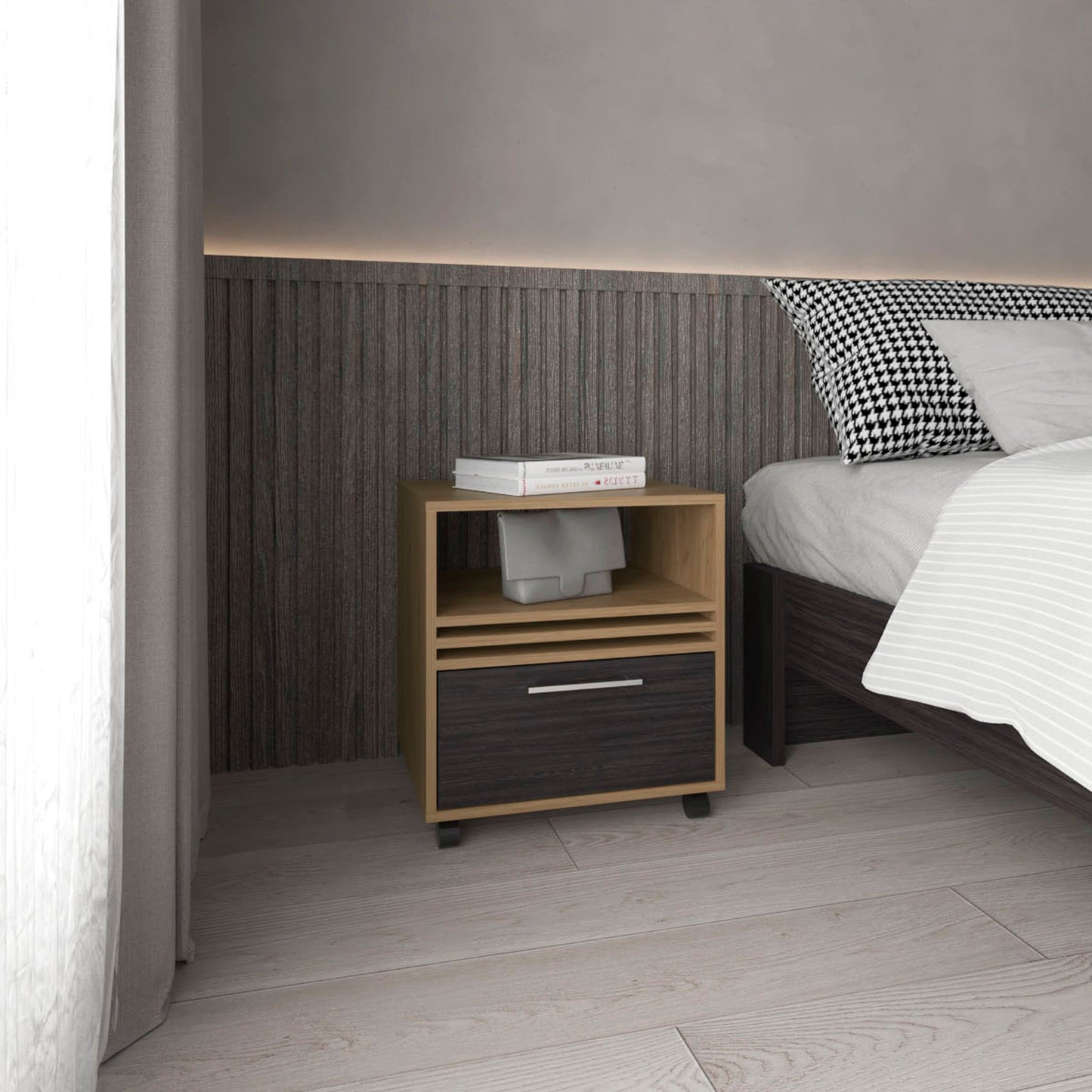 Modern nightstand with light oak finish and dark drawer featuring open shelf storage