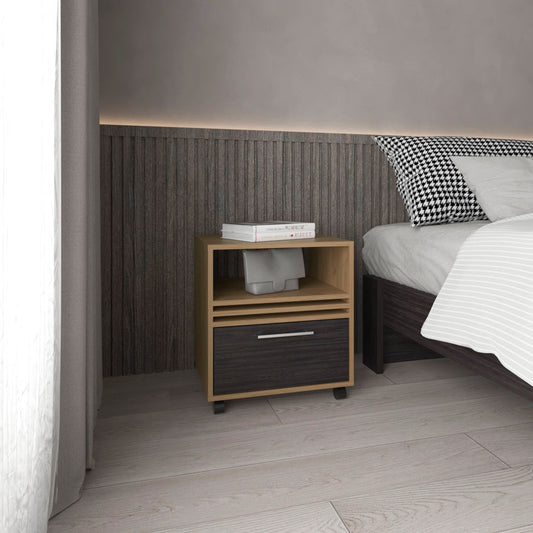 Modern nightstand with light oak finish and dark drawer featuring open shelf storage