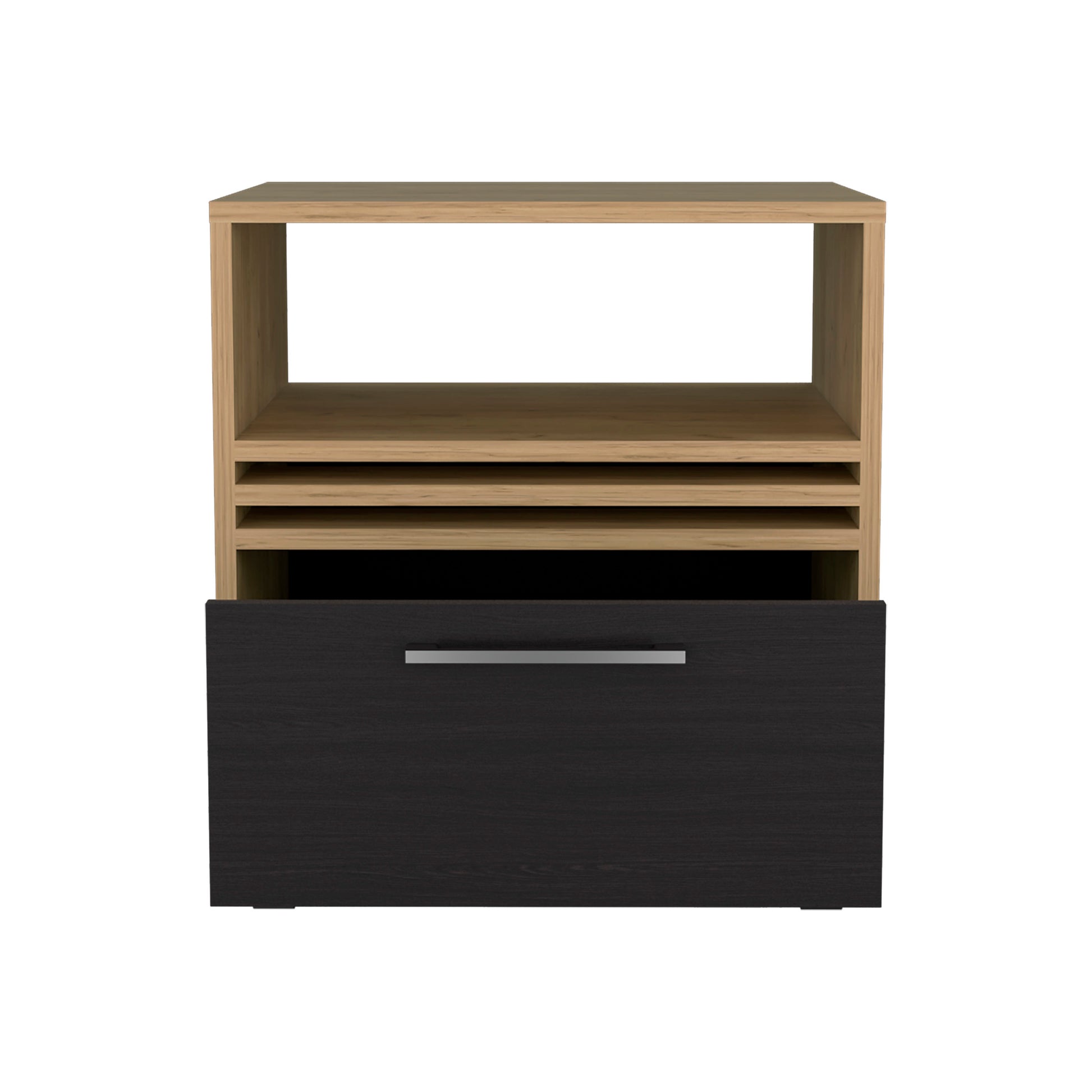 Modern nightstand with light wood shelving and a dark wood drawer