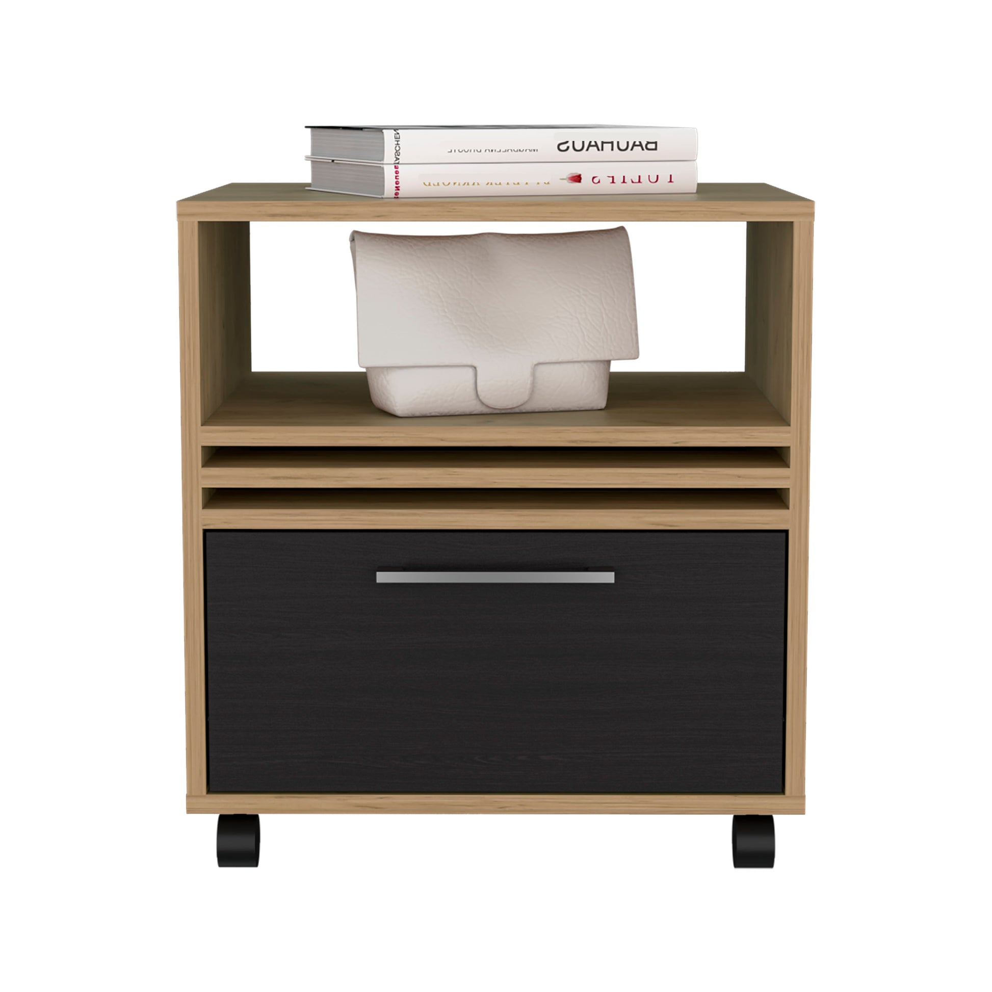 Modern wood filing cabinet with black drawer and silver handle on wheels
