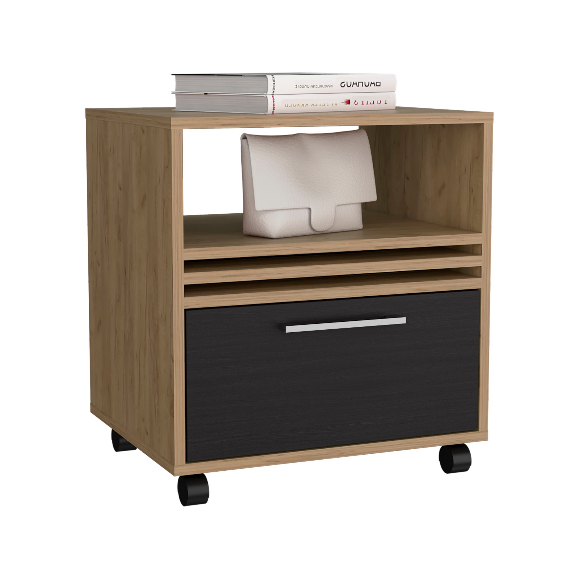 Twotone wooden nightstand with black drawer and open shelves featuring caster wheels