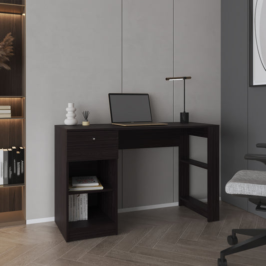 Dark wood writing desk with a single drawer and open shelving perfect for home offices