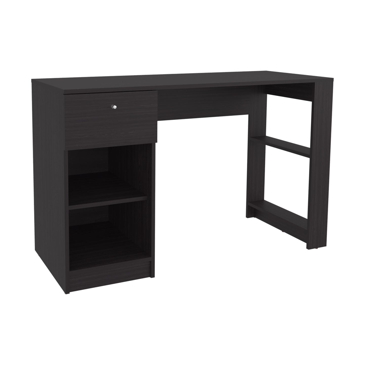 Dark brown wood veneer desk with a single drawer and open shelving unit