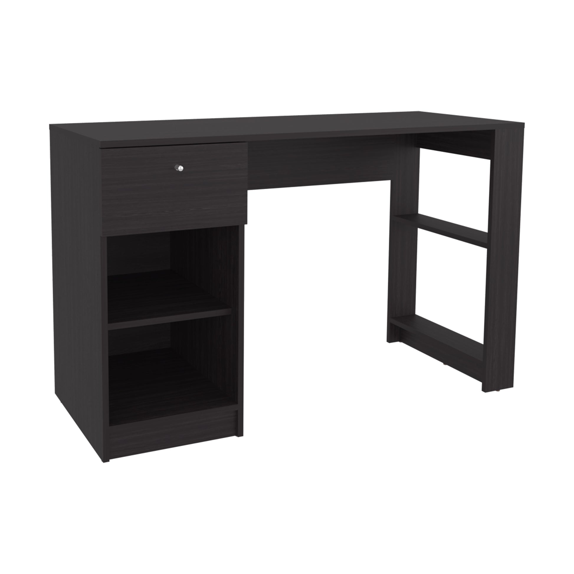 Dark brown wood veneer desk with a single drawer and open shelving unit
