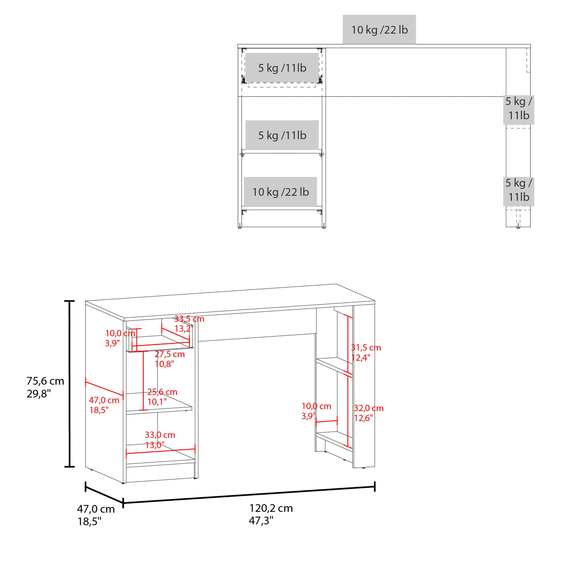 Blueprint of white computer desk with shelves and dimensions