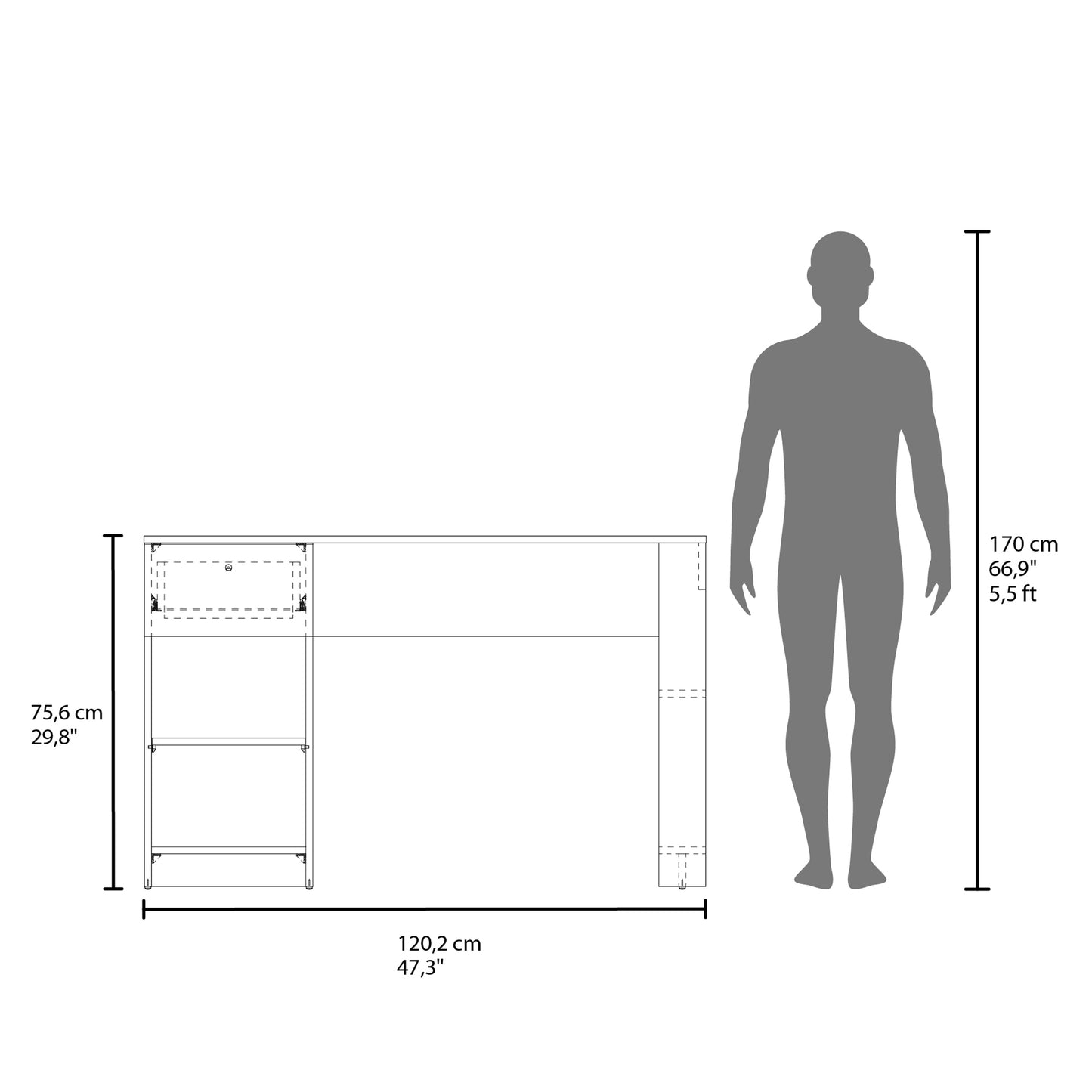Diagram of a white modern desk with a drawer and shelving shown with human scale for size reference