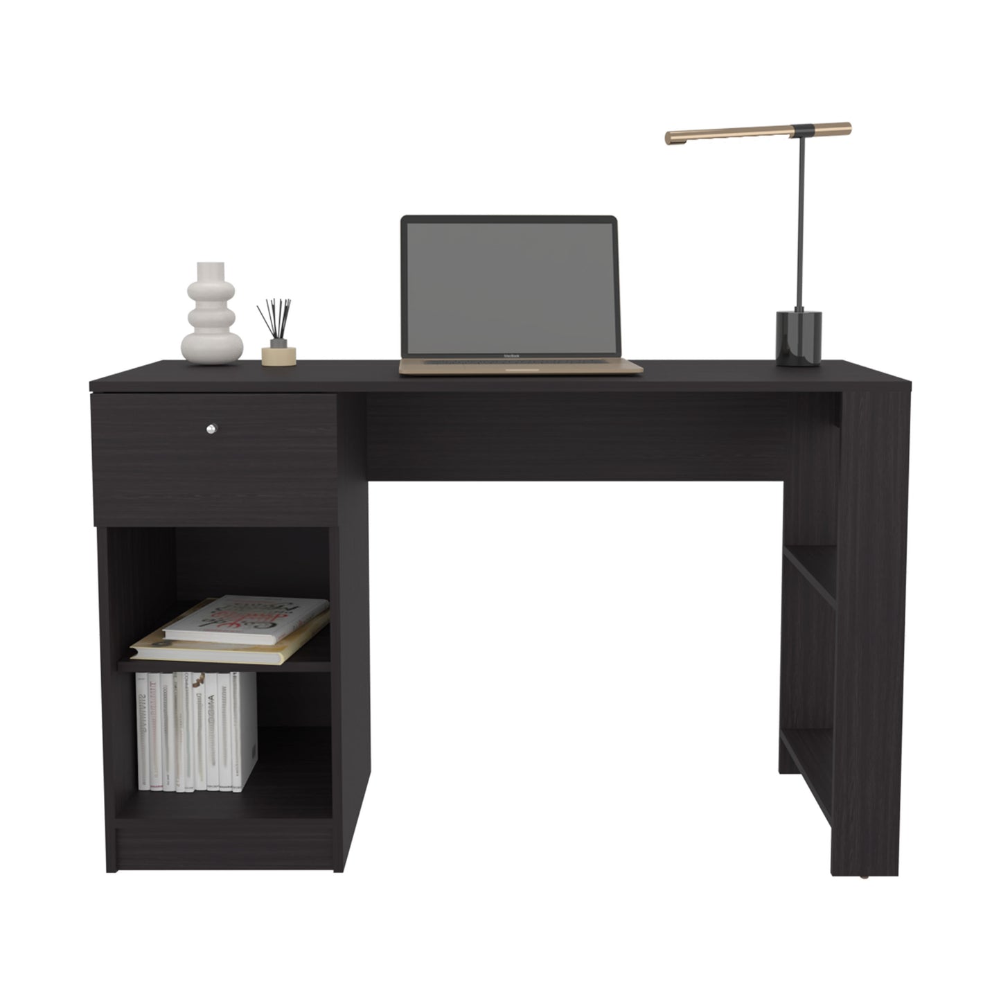 Dark wood computer desk with laptop and storage shelves