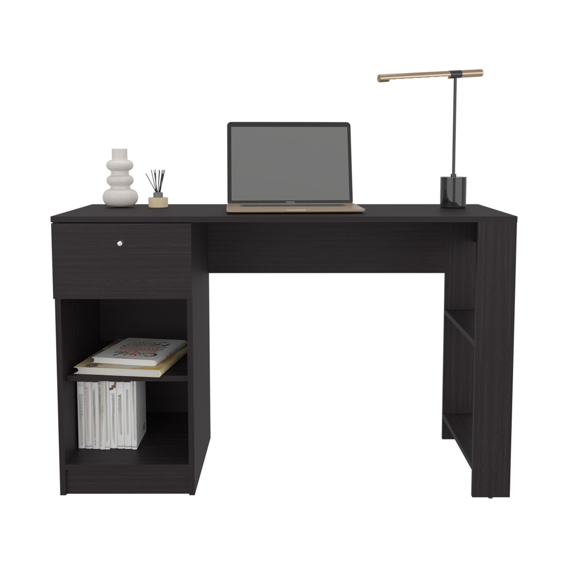 Dark wood computer desk with laptop and storage shelves