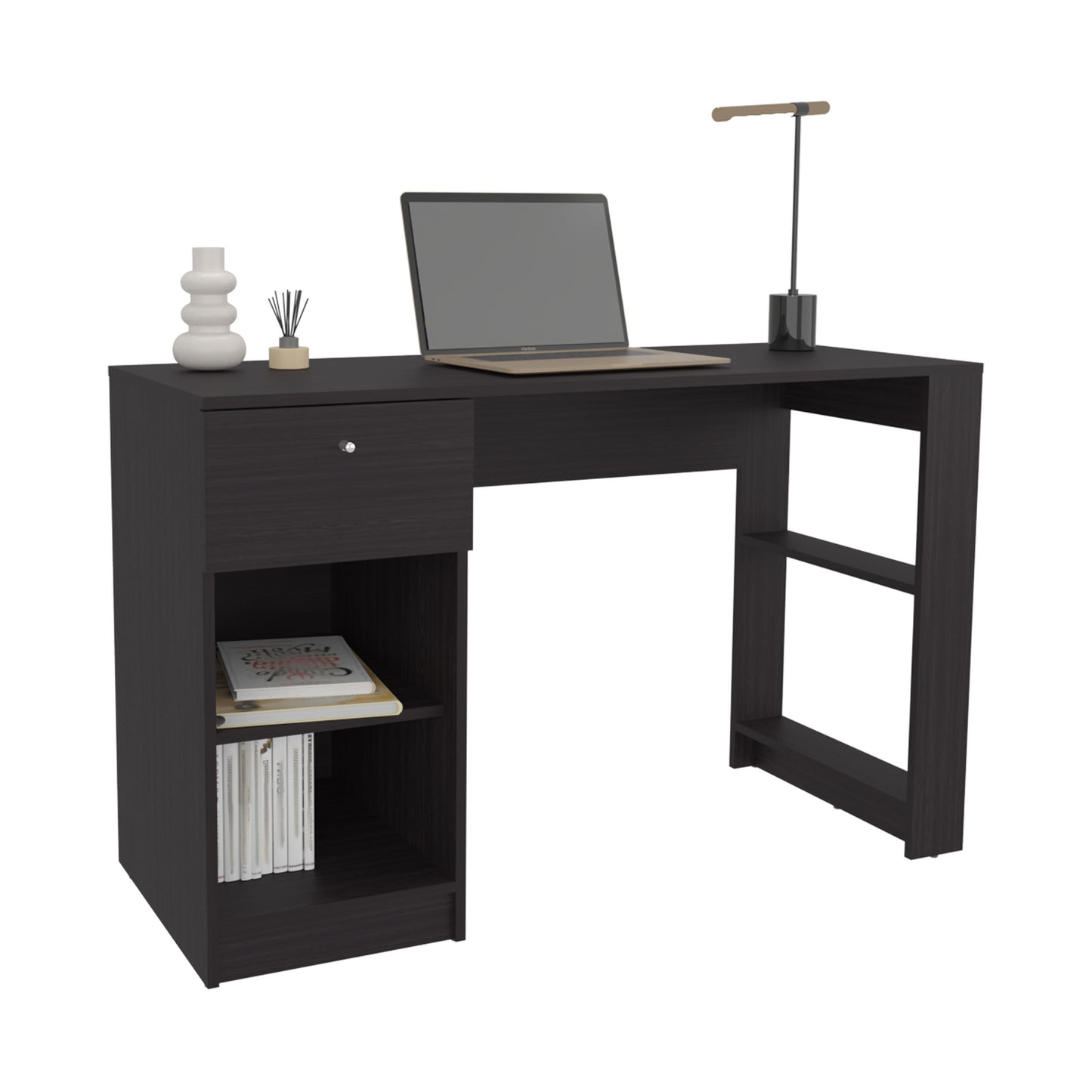 Dark brown particleboard study desk with open shelving and a single drawer holding a laptop