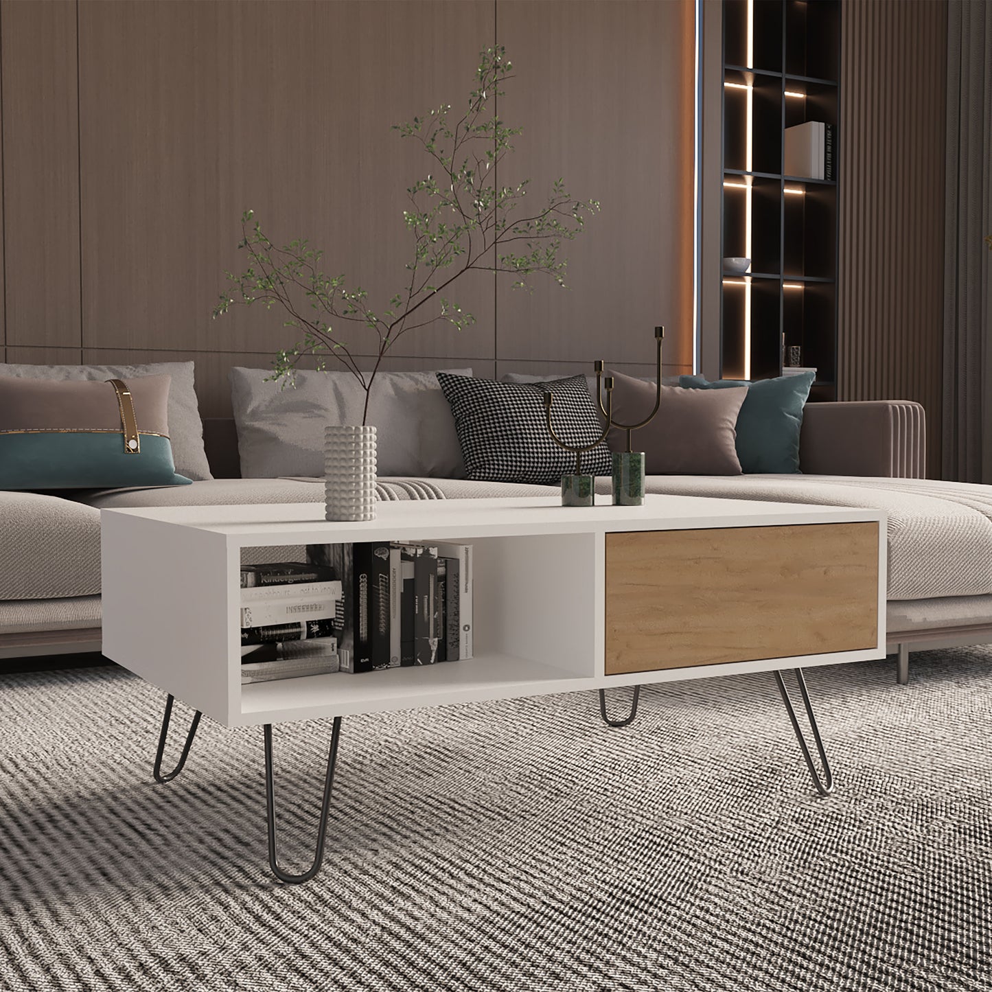 White modern coffee table with wood drawer and black hairpin legs