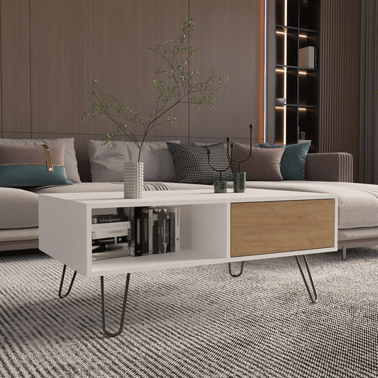White modern coffee table with wood drawer and black hairpin legs