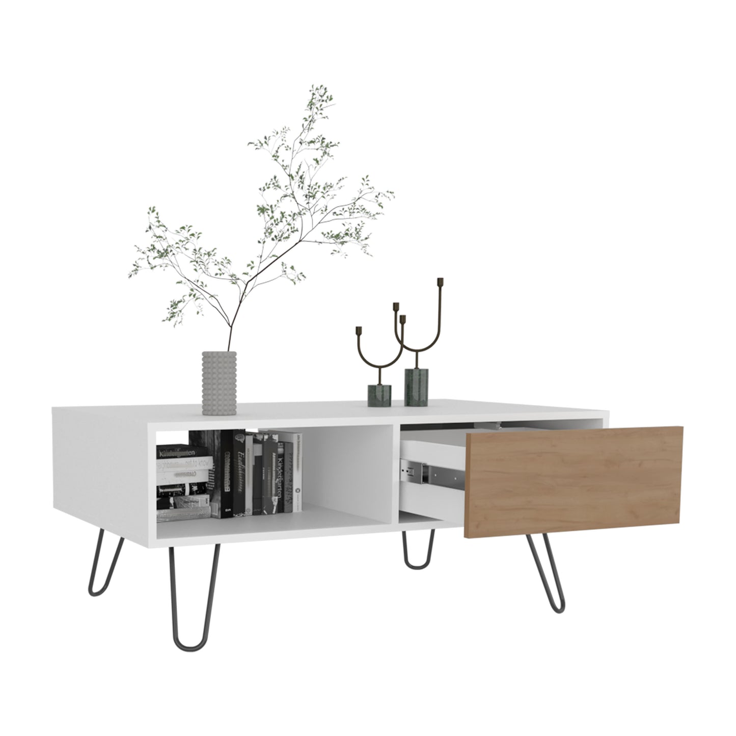 Modern white media console with open shelf and wood drawer on hairpin legs