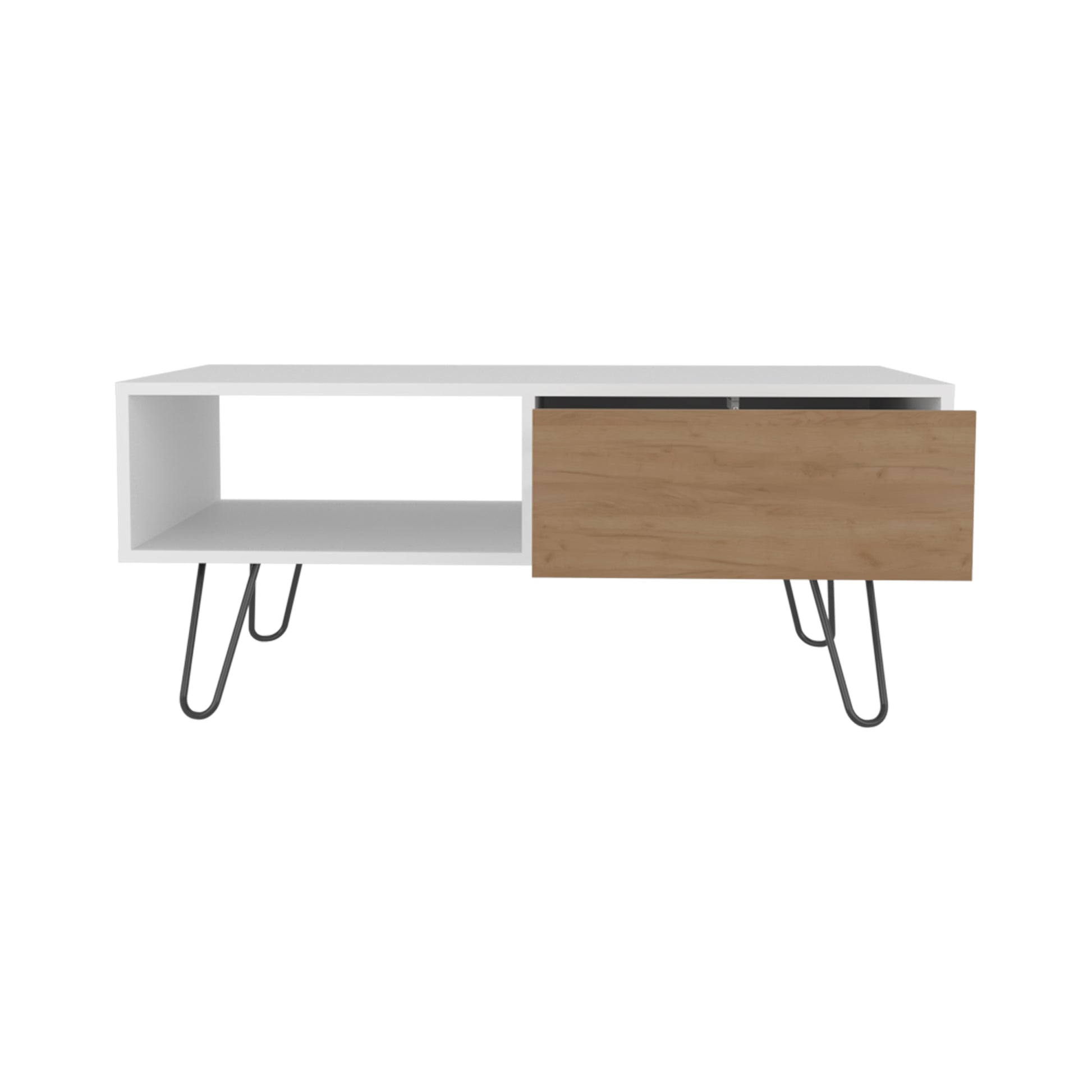 White and wood drawer coffee table with hairpin legs midcentury modern style