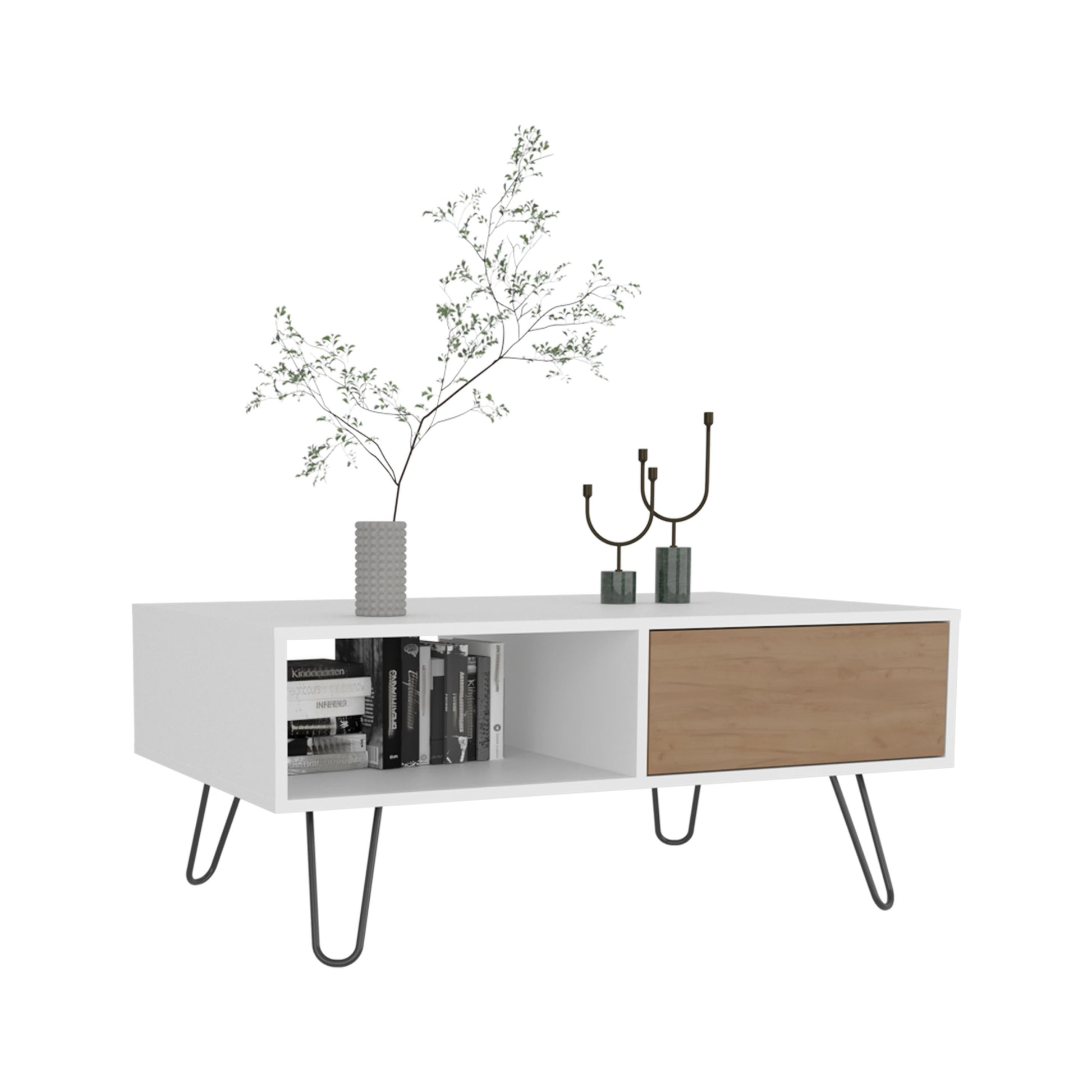Modern white coffee table with wood drawer and black hairpin legs ideal for living rooms