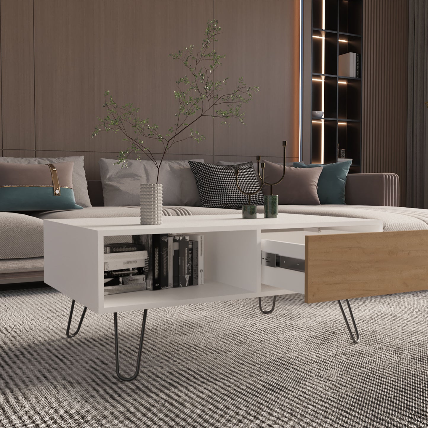 Modern white coffee table with a pullout drawer and hairpin legs