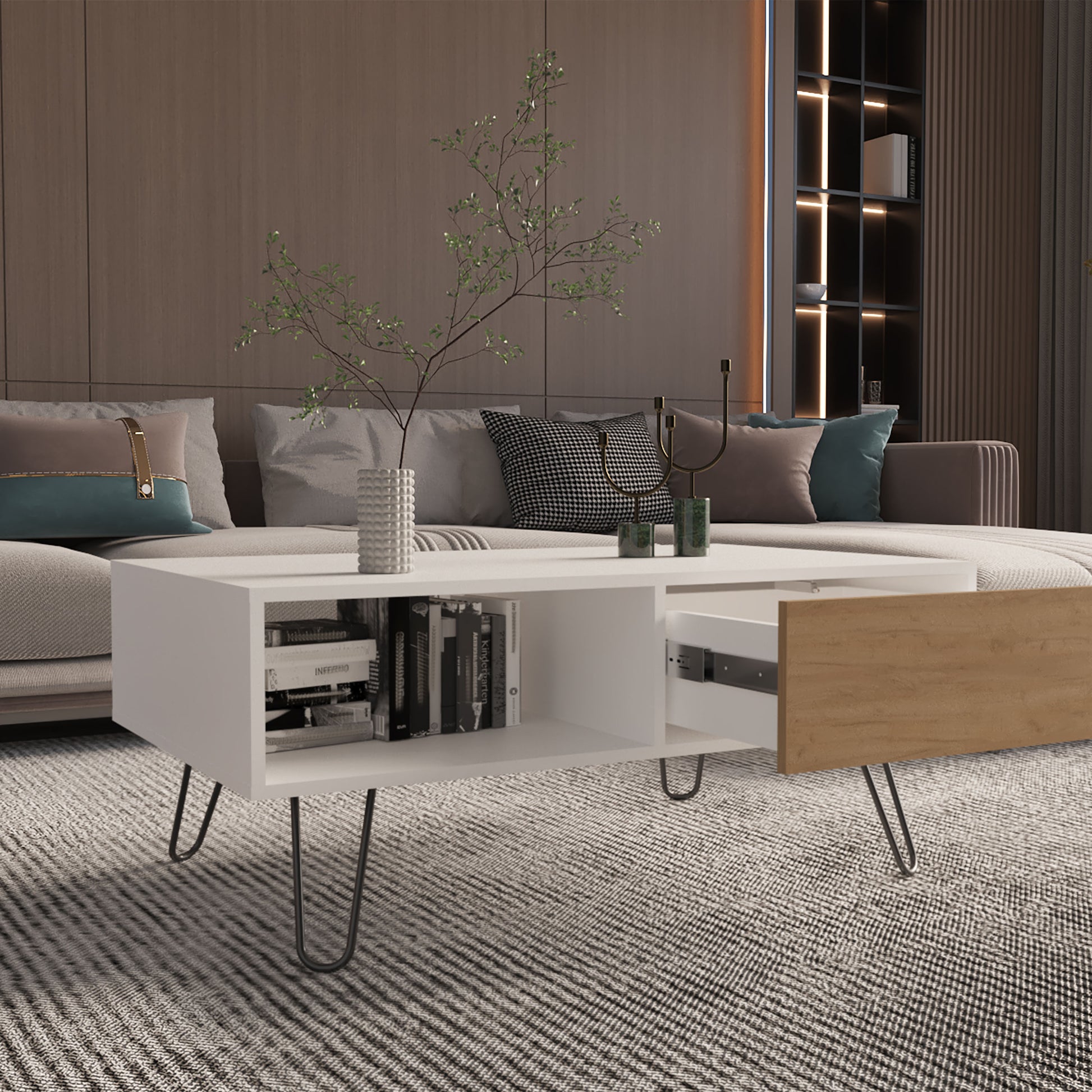 Modern white coffee table with a pullout drawer and hairpin legs