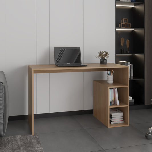 Minimalist wooden desk with builtin shelving and a laptop