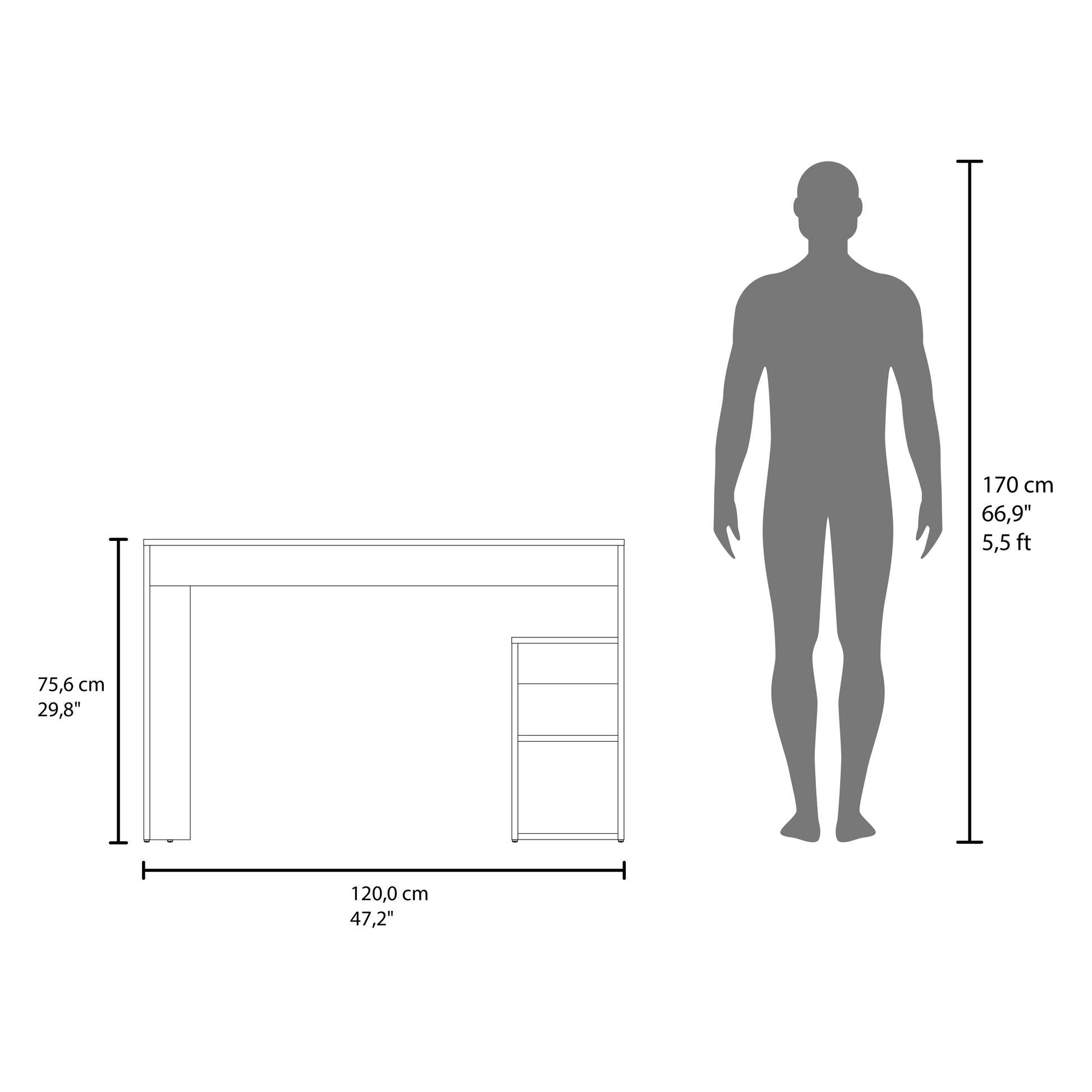 Modern white desk with three drawers and side shelving shown to scale next to a person