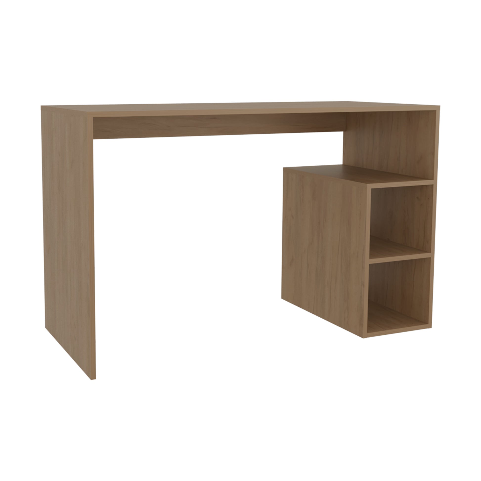 Light oak wood desk with an attached twoshelf storage unit on the right
