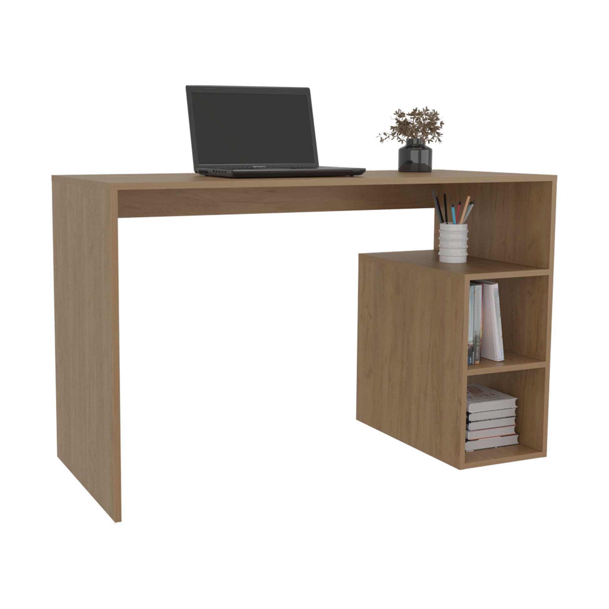 Minimalist wooden writing desk with integrated shelving and a laptop