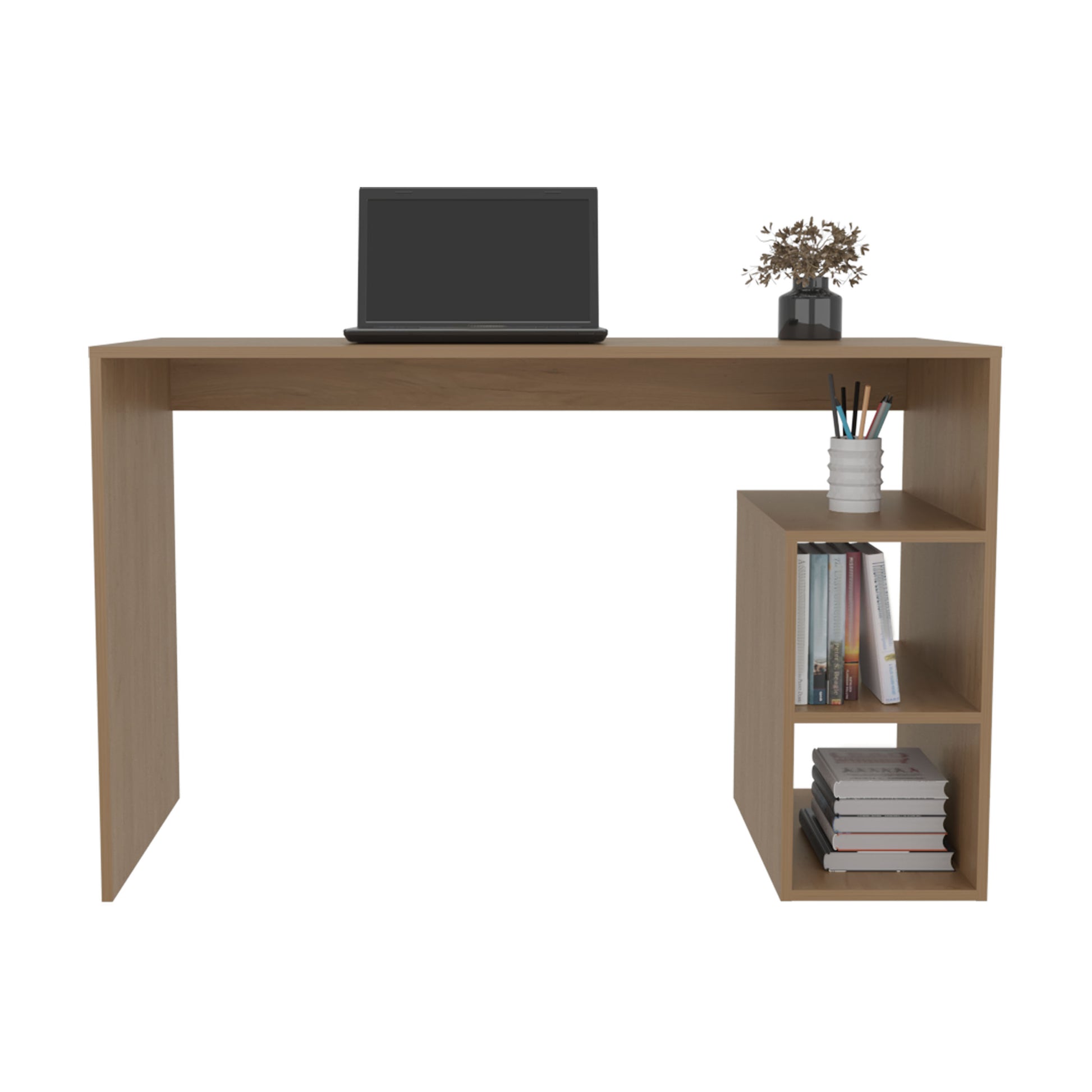 Modern wood desk with integrated shelving perfect for a home office setup