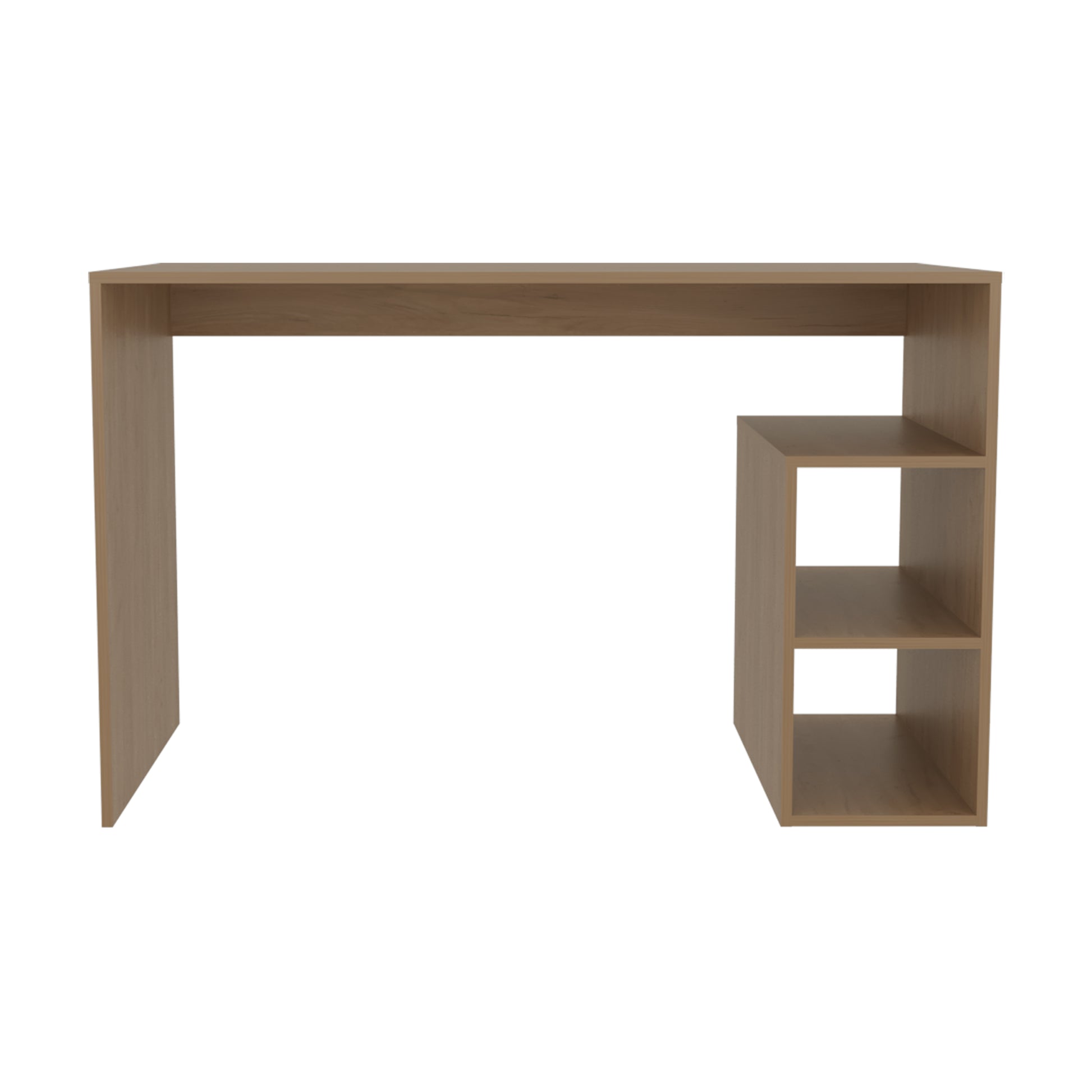 Modern minimalist desk with natural wood finish and integrated shelving