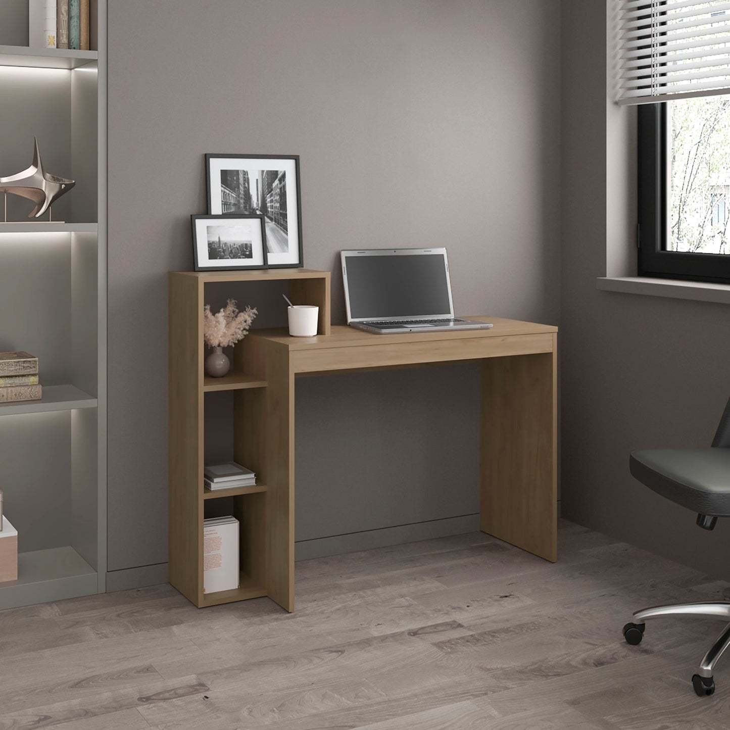 Compact oak computer desk with integrated shelving and laptop