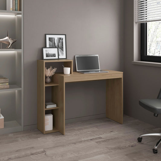 Compact oak computer desk with integrated shelving and laptop