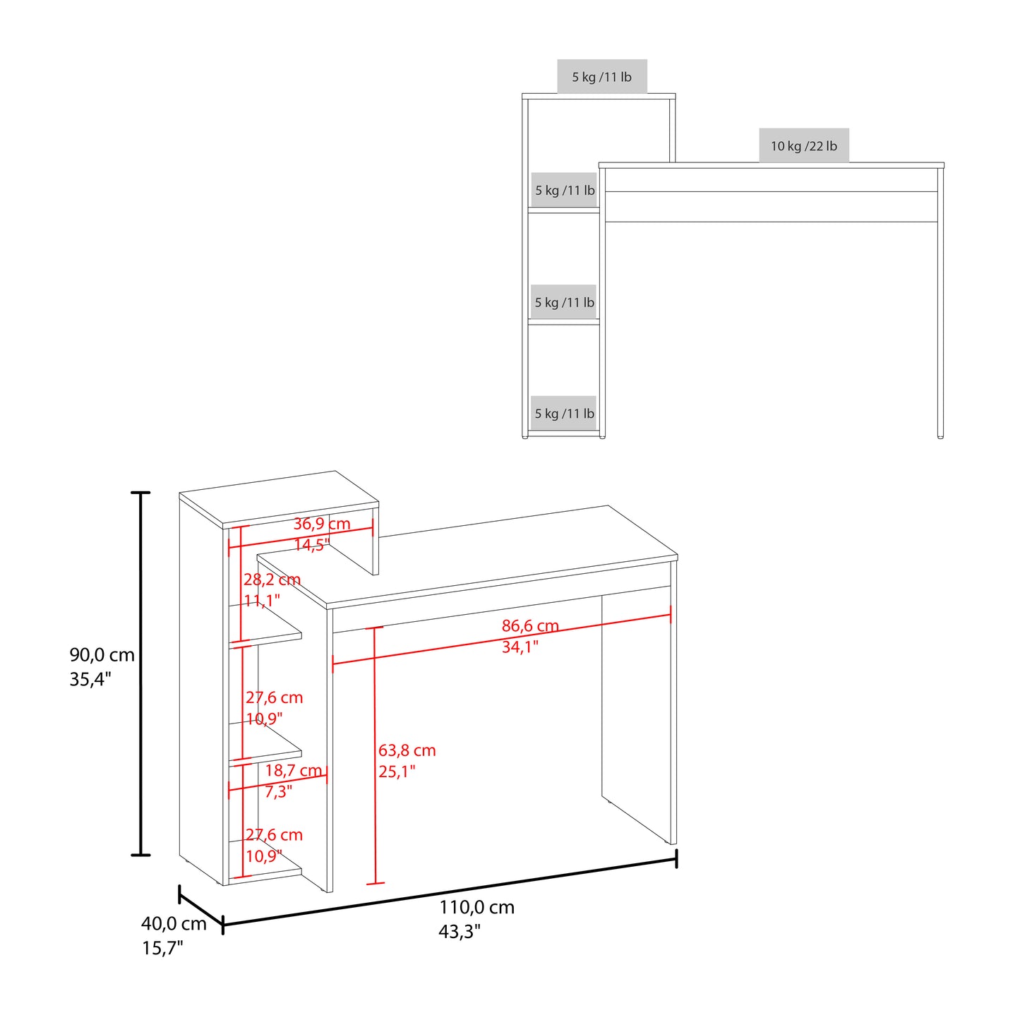 Line drawing of a white desk with shelves showing dimensions cm height cm width cm depth