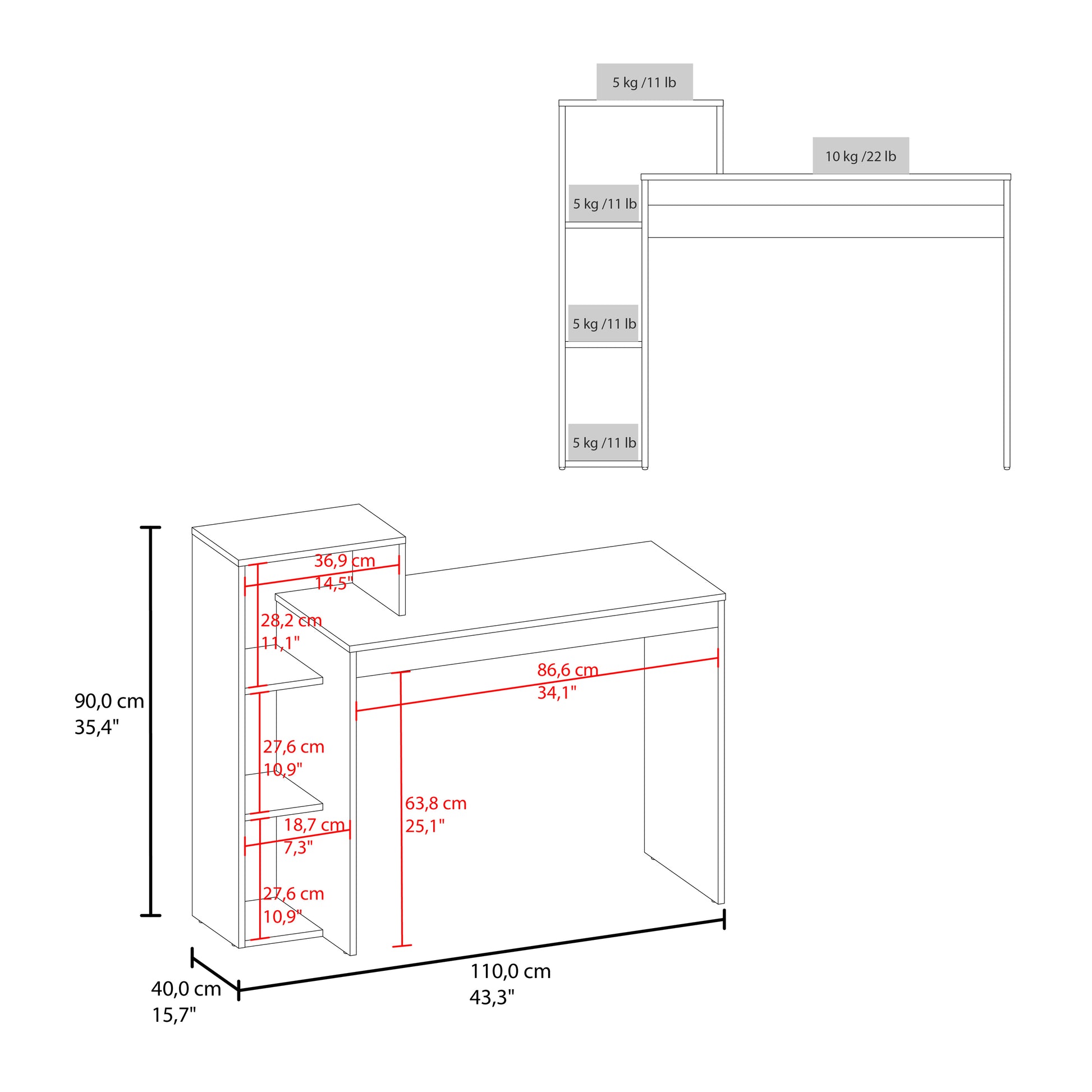 Line drawing of a white desk with shelves showing dimensions cm height cm width cm depth