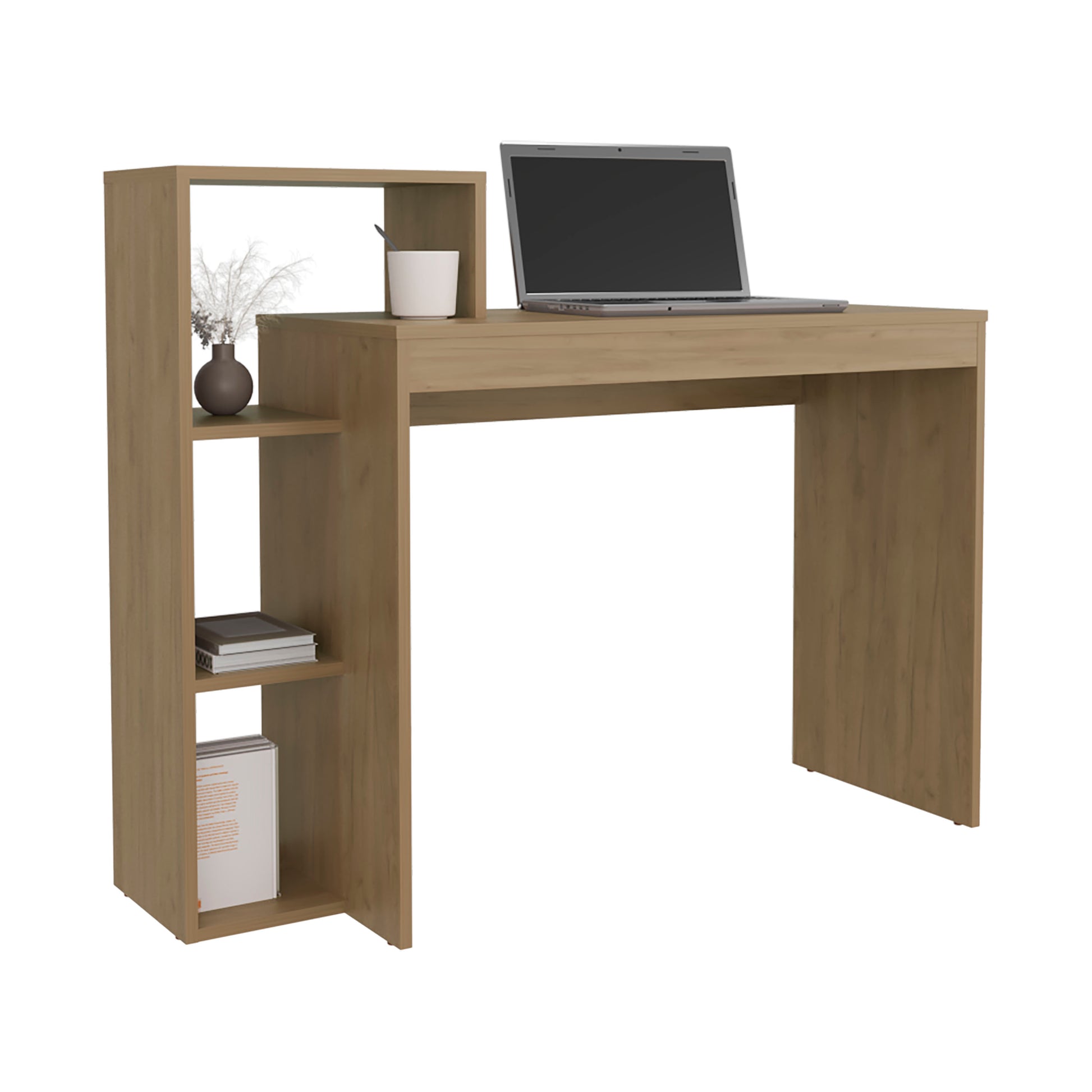 Compact wood grain desk with integrated shelving unit for home office