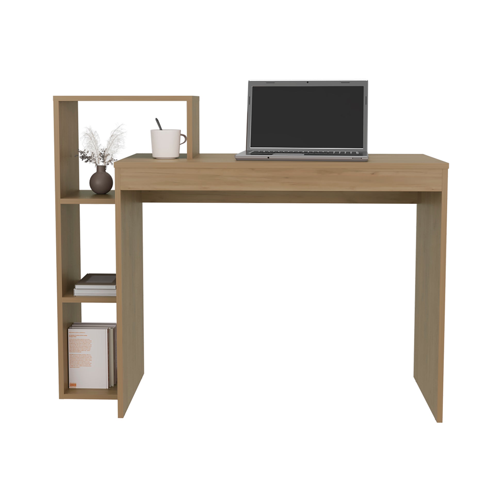 Wooden computer desk with integrated shelving and open cubbies perfect for home offices