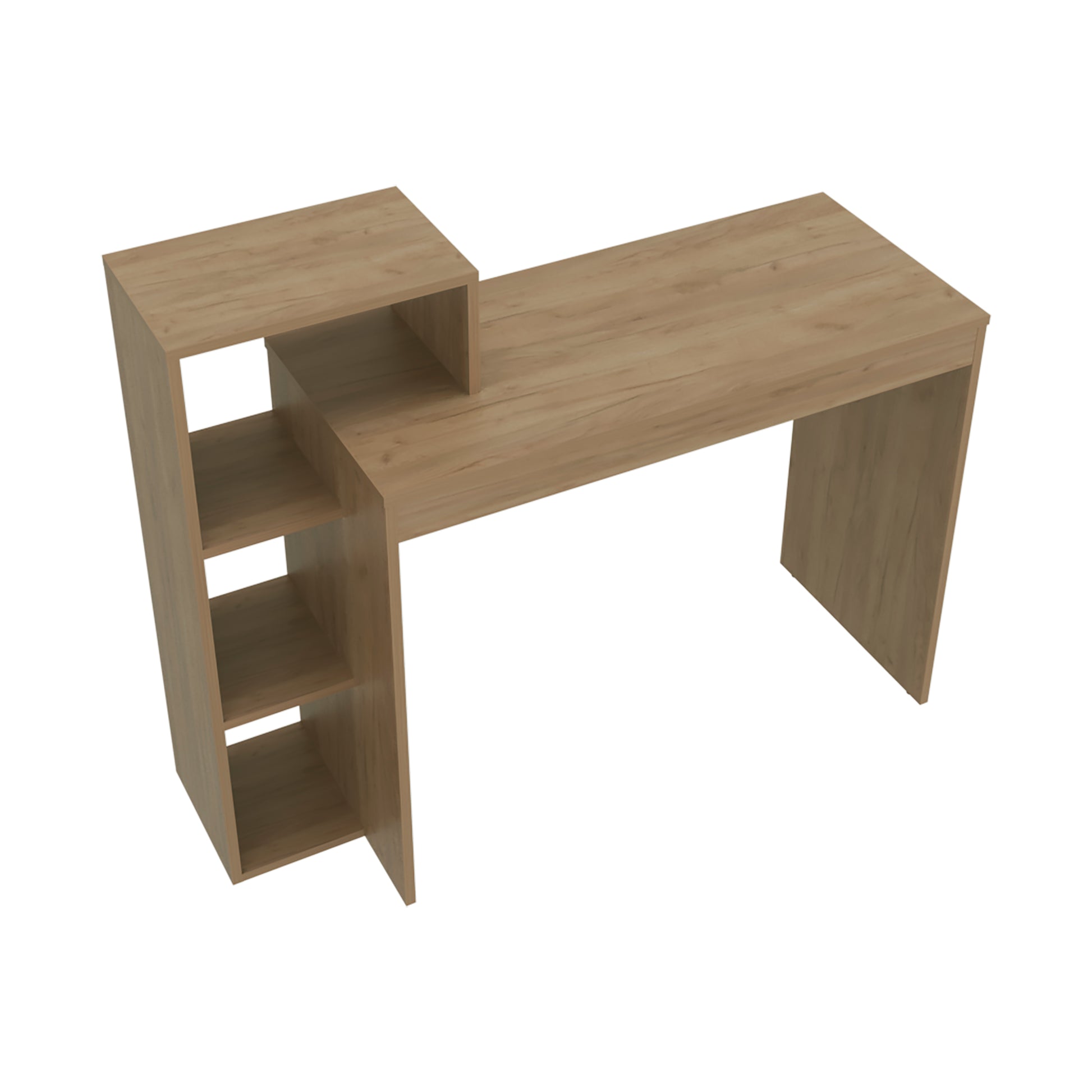 Modern light oak desk with integrated shelving unit for home office use