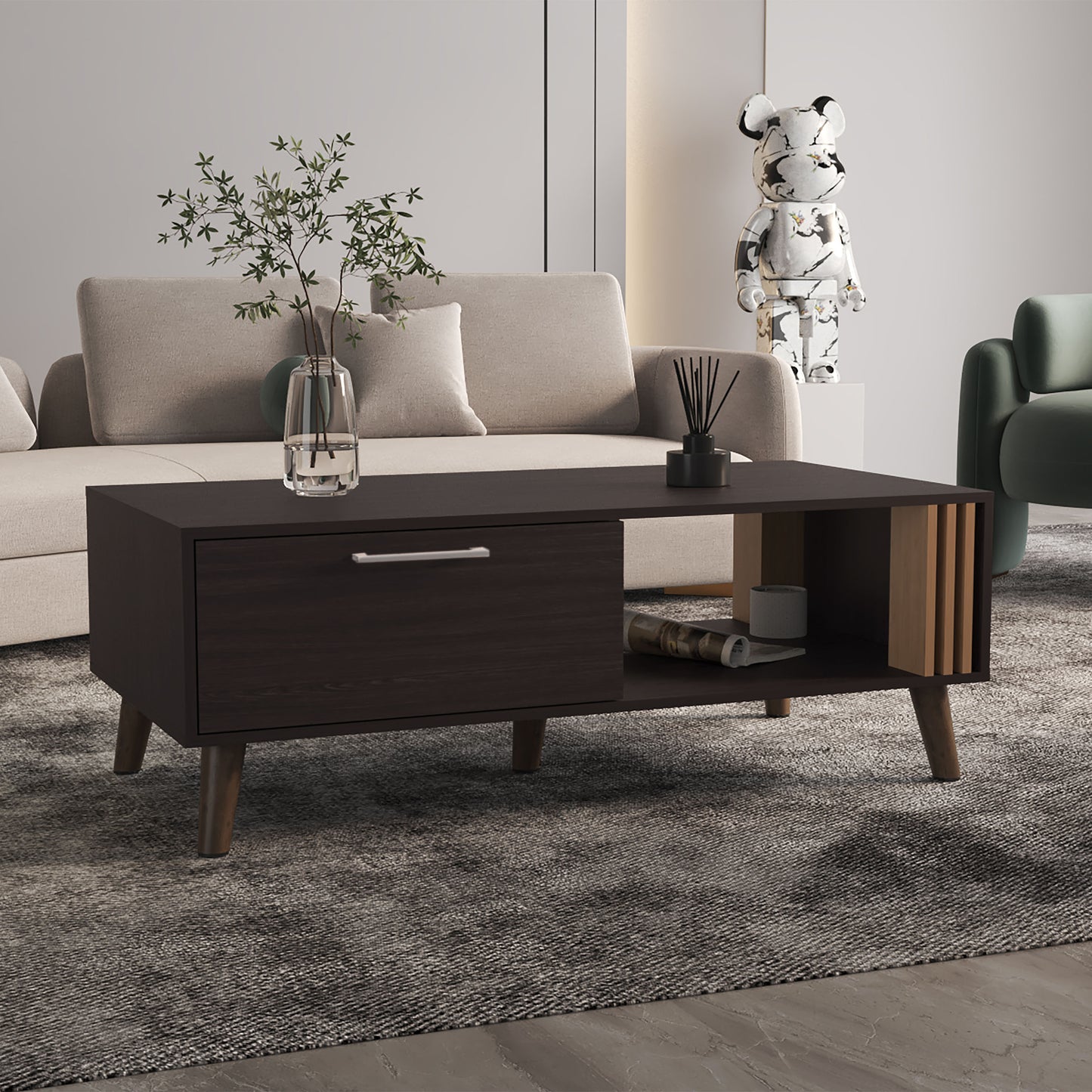 Dark wood coffee table with single drawer and open shelf midcentury modern style