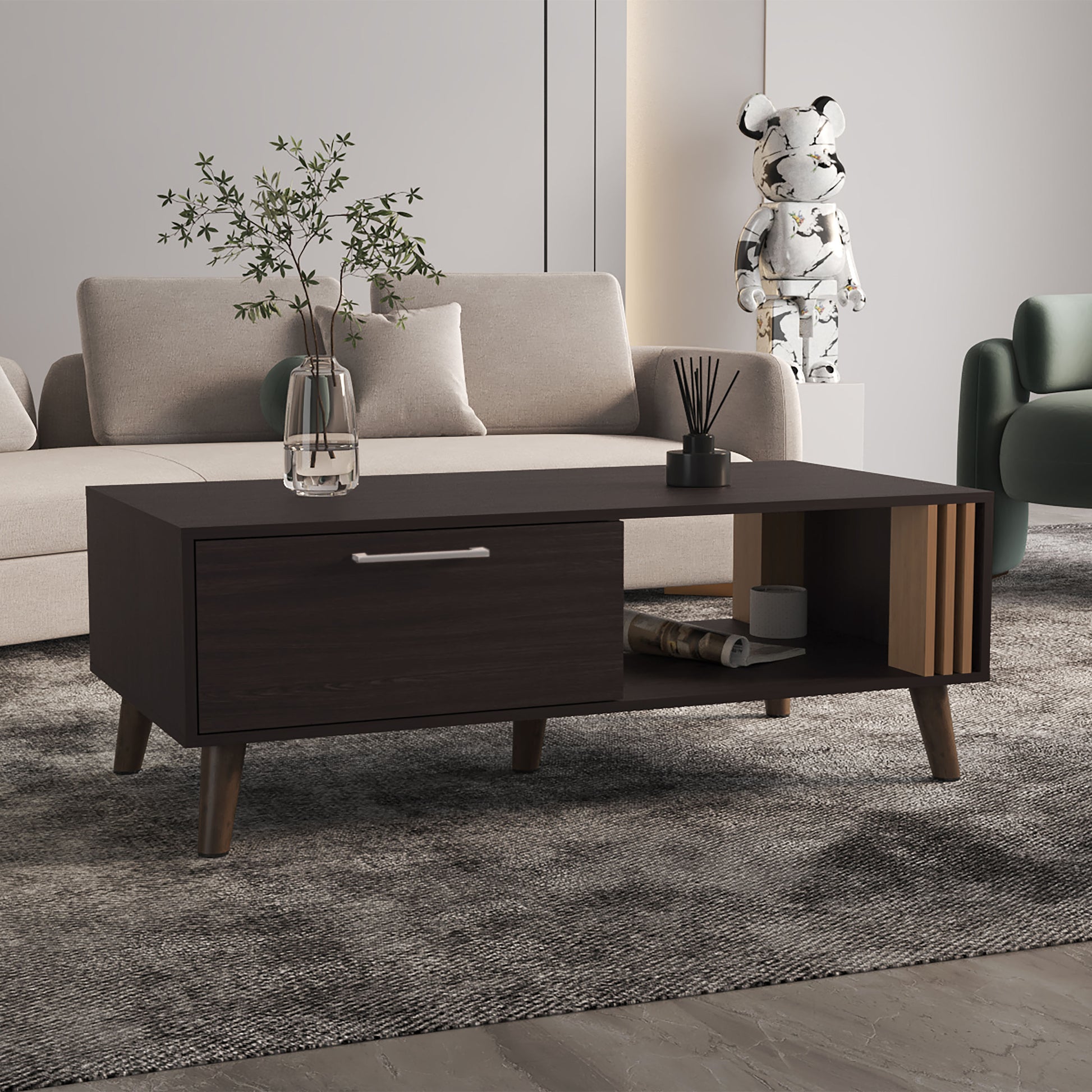 Dark wood coffee table with single drawer and open shelf midcentury modern style