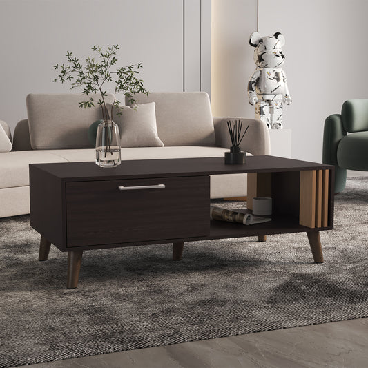Dark wood coffee table with single drawer and open shelf midcentury modern style