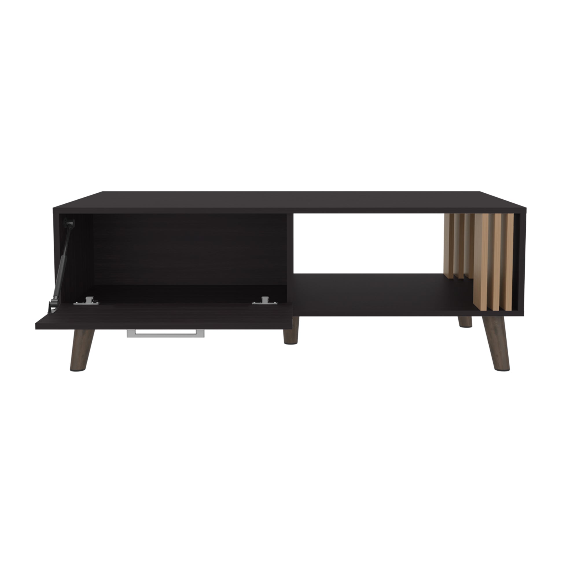 Dark brown midcentury modern media console with open shelving and a liftup compartment