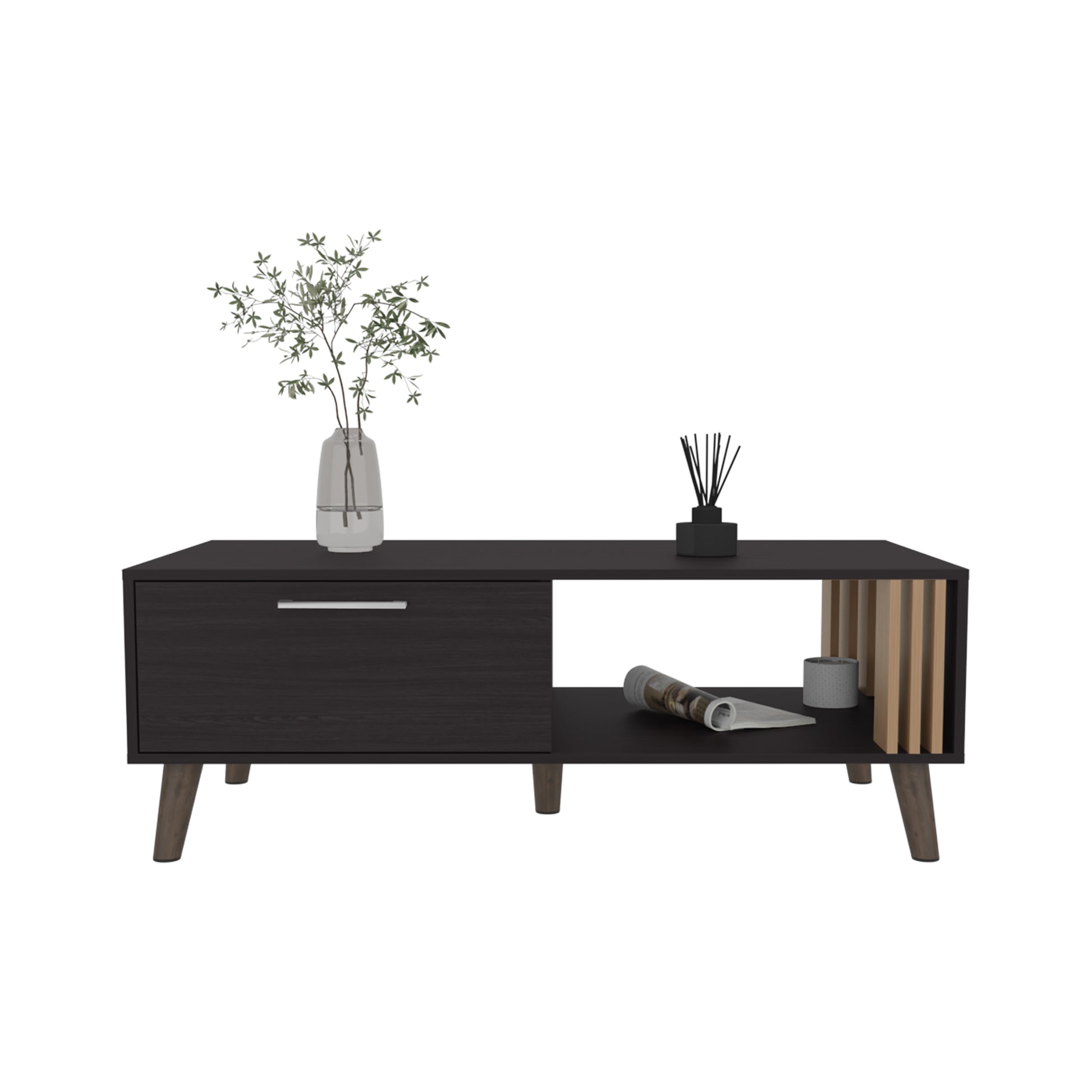 Dark oak midcentury modern coffee table with one drawer and slatted accent shelf
