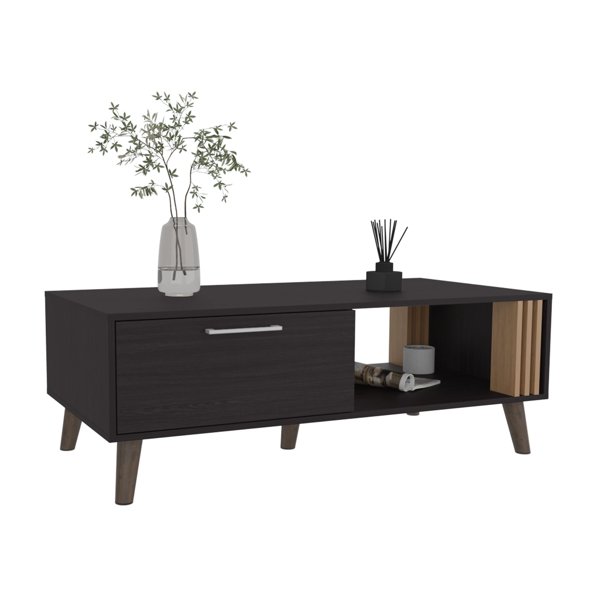 Dark espresso wood coffee table with one drawer and open shelving