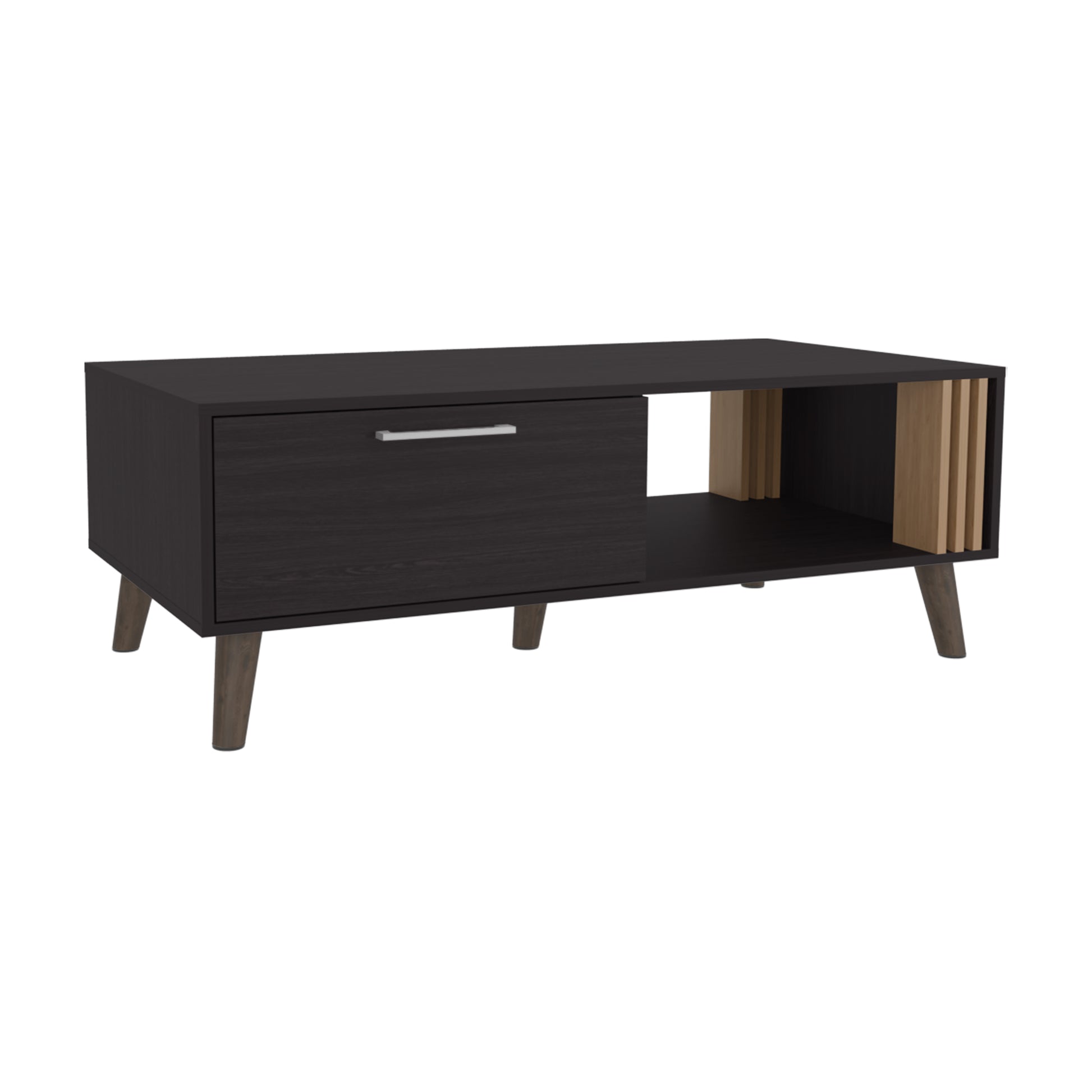 Dark wood coffee table with one drawer and open shelving midcentury modern design