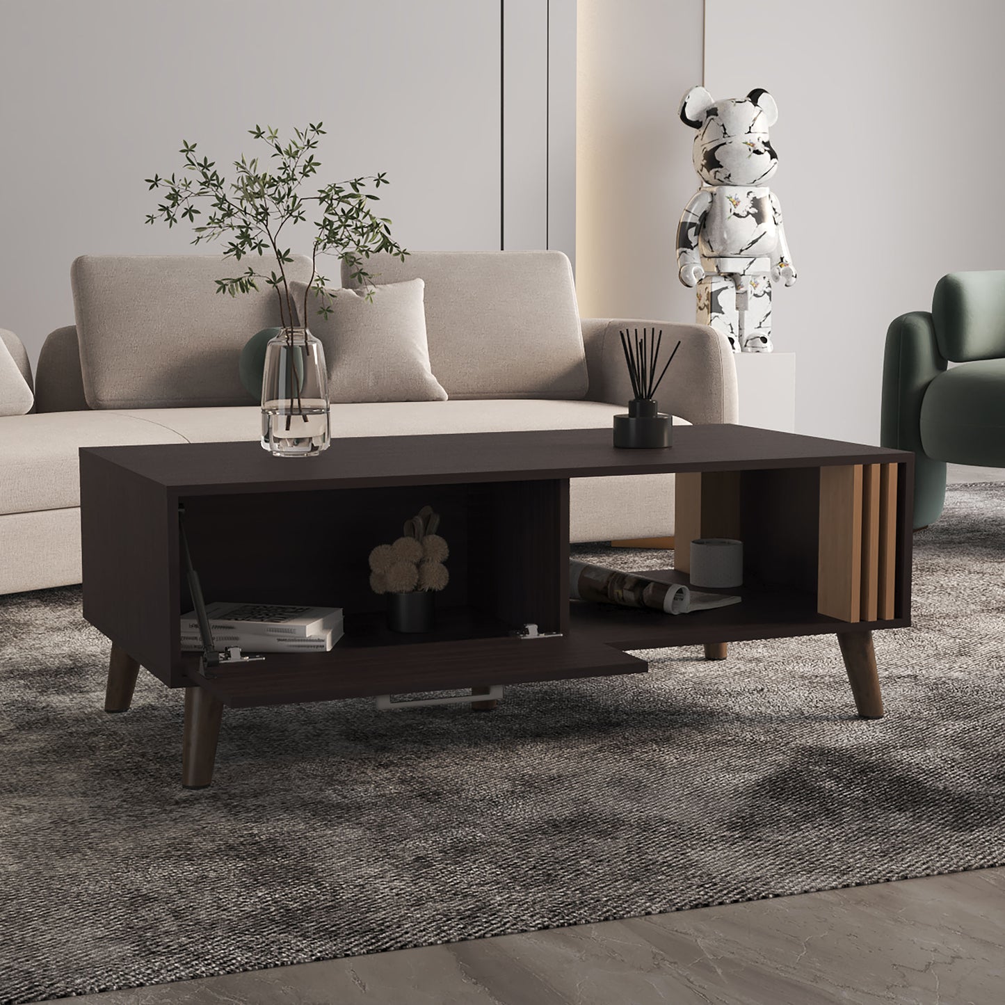 Dark brown modern coffee table with slatted side detail and tapered legs