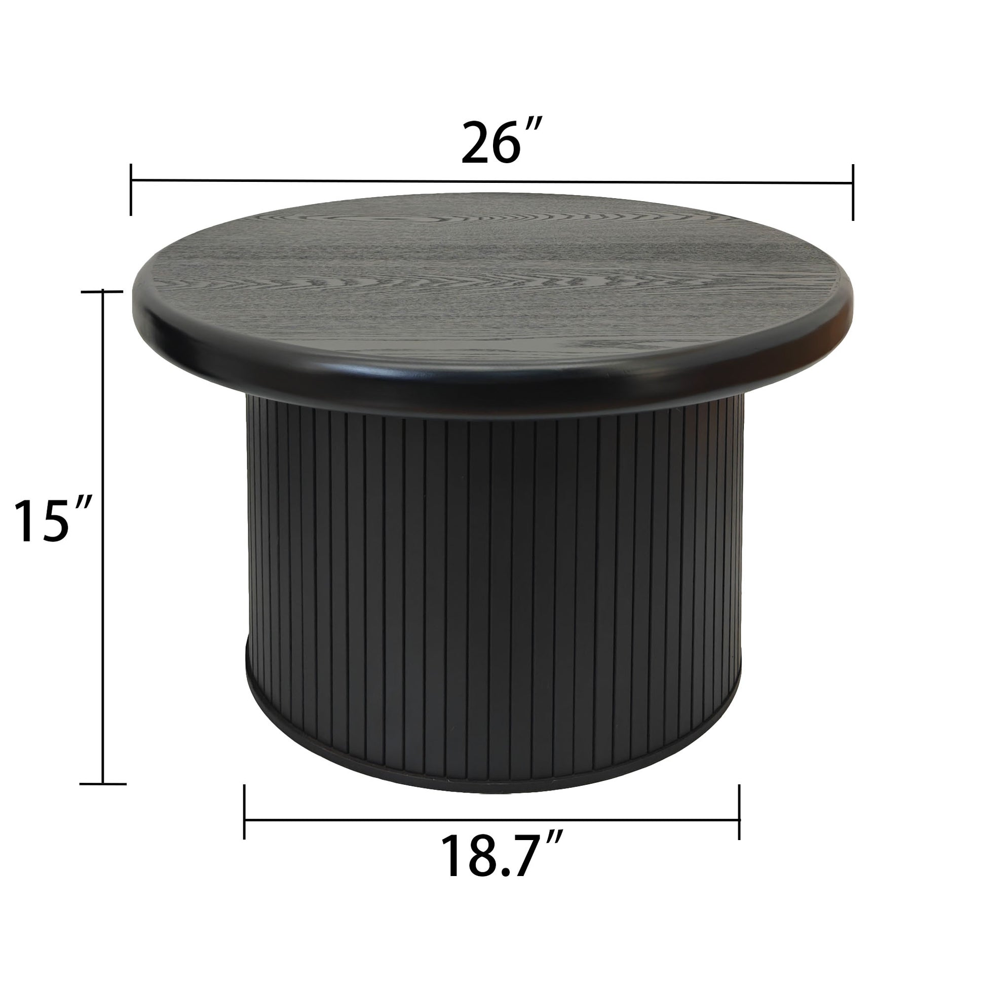Black round coffee table with wood grain top and fluted base