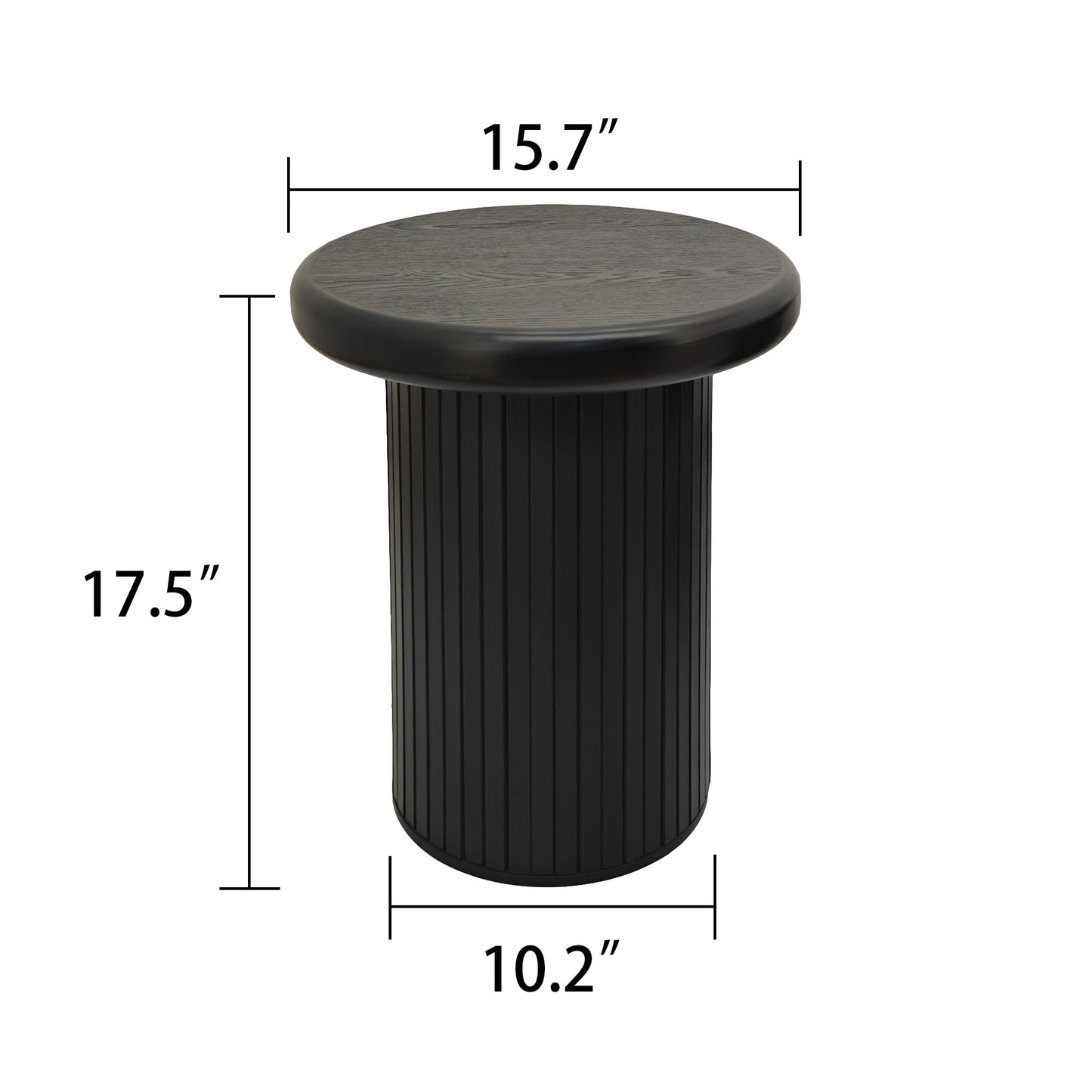 Black fluted cylinder side table with dark wood top  inch diameter