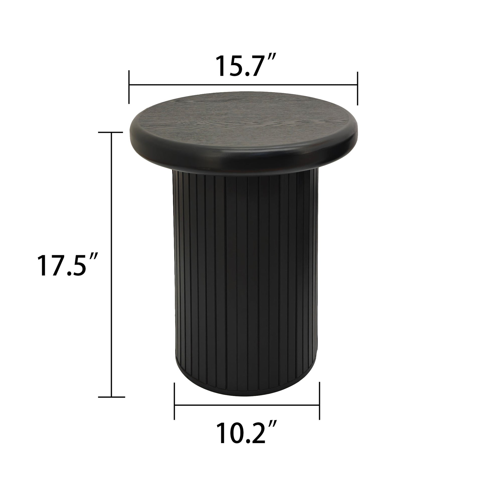 Black fluted cylinder side table with dark wood top  inch diameter