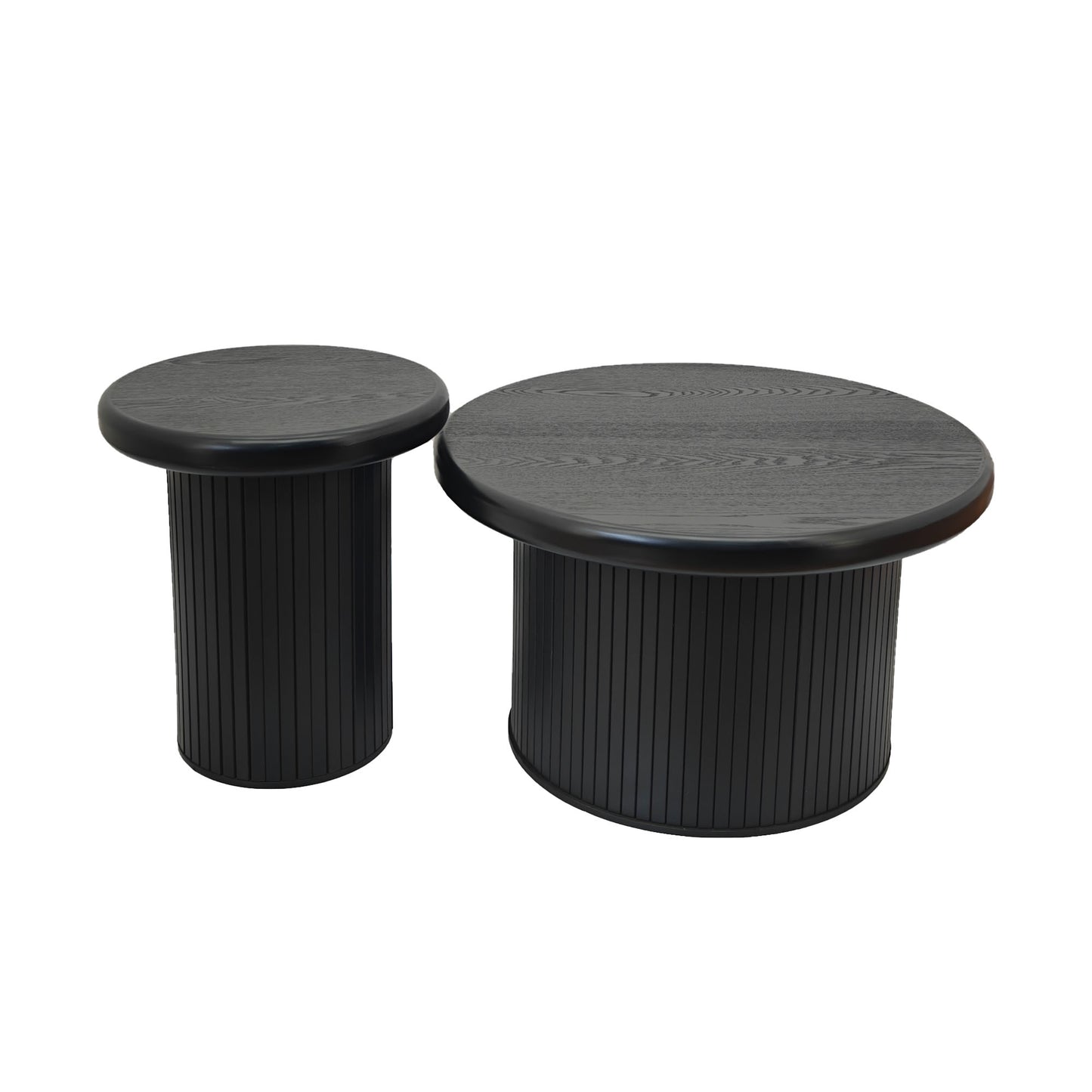 Two black fluted drum coffee tables with round wood grain tops