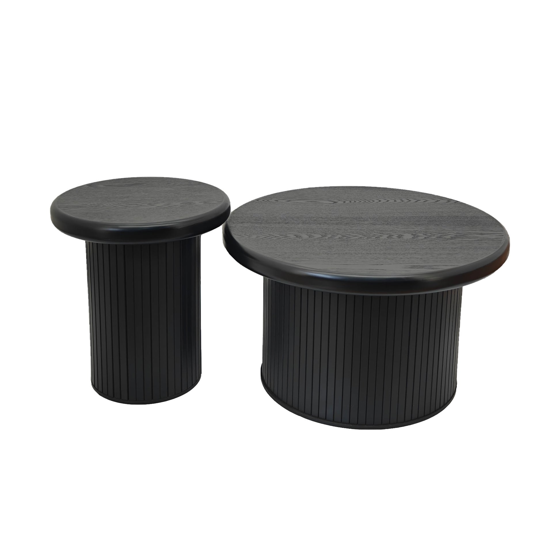 Two black fluted drum coffee tables with round wood grain tops